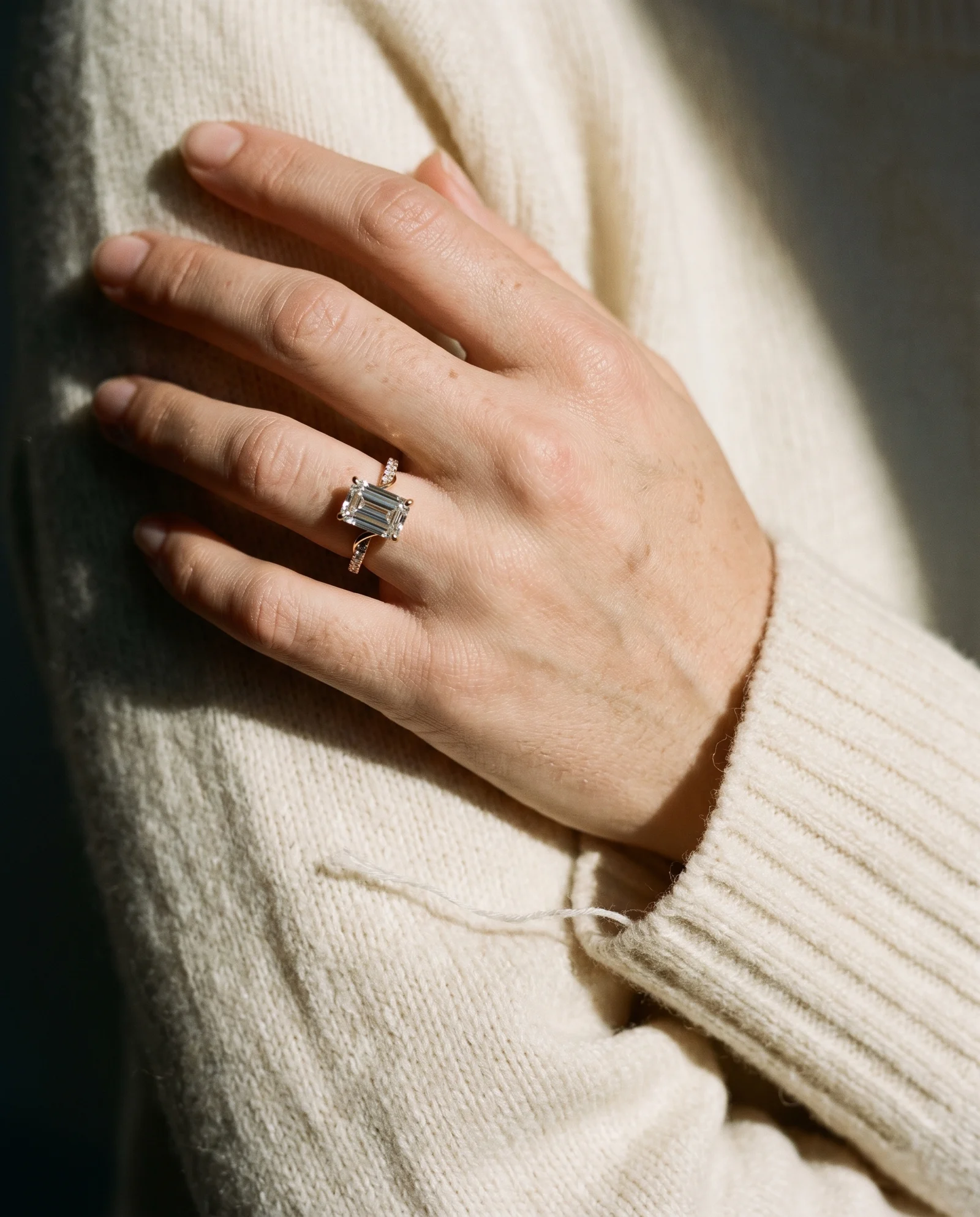 Brook, Four Prong Emerald Solitaire, Pavé Band in Yellow Gold, emerald, worn