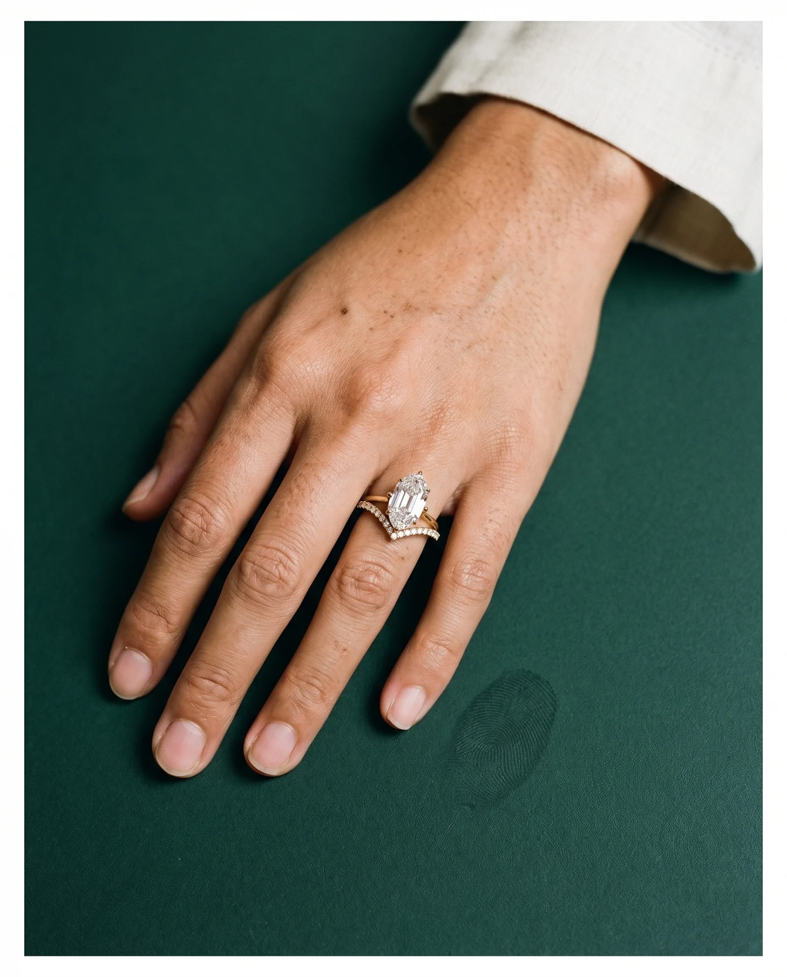 Cedar, Four Prong Step-cut oval Solitaire, Pavé Band in Yellow Gold, oval, worn