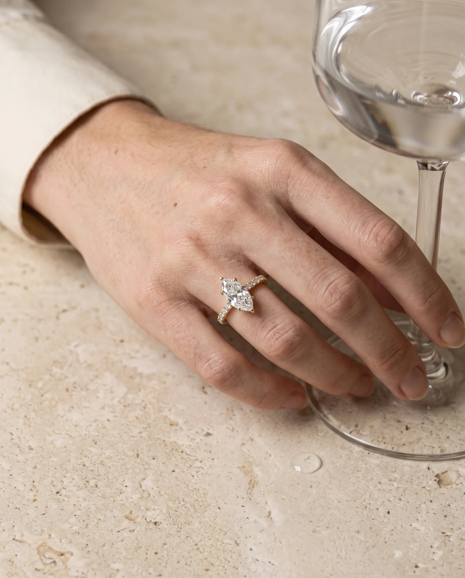 Elm, Four Prong Step-cut marquise Solitaire, Pavé Band in Yellow Gold, marquise, worn