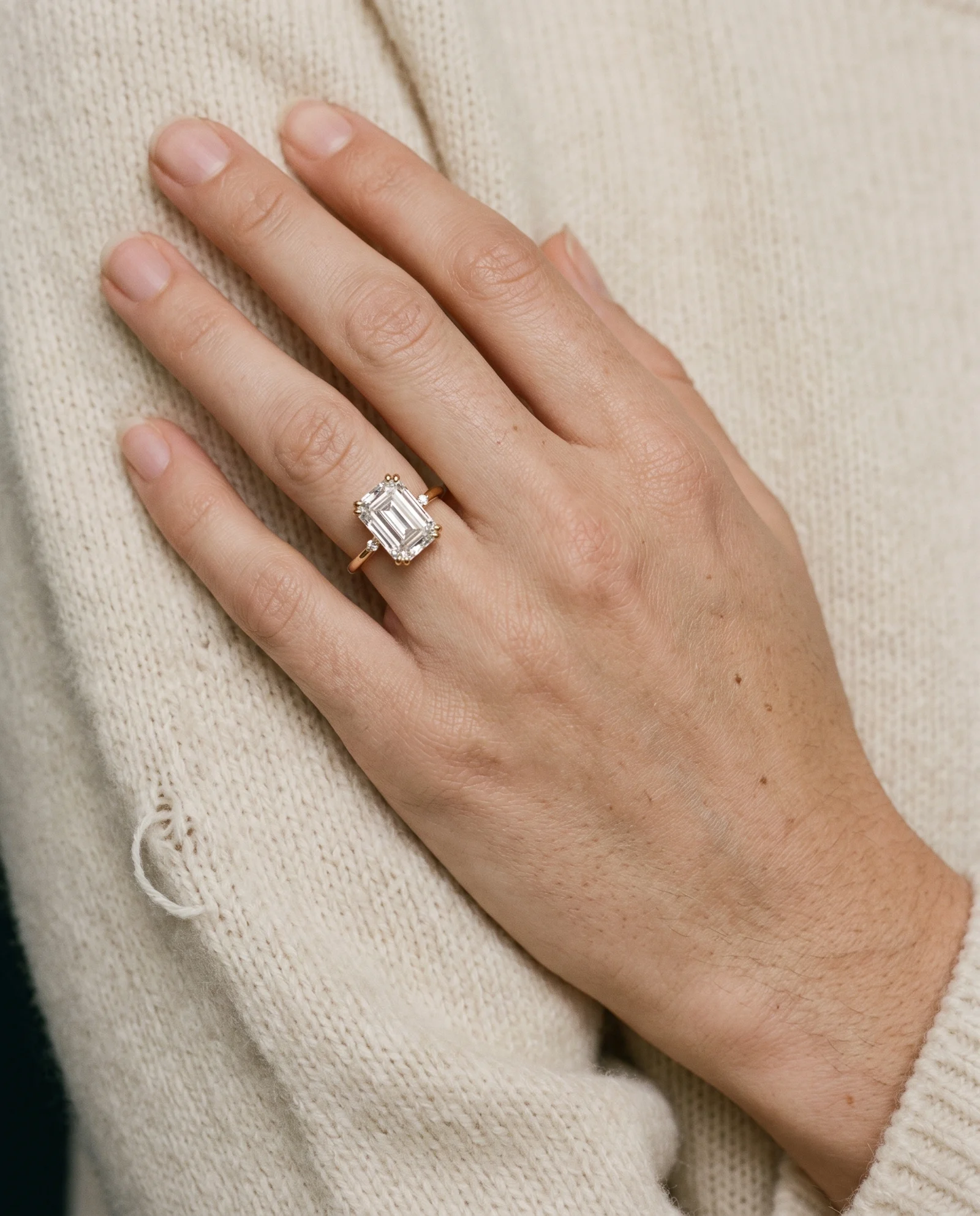 Haven, Four Prong Emerald Solitaire in Yellow Gold, emerald, worn