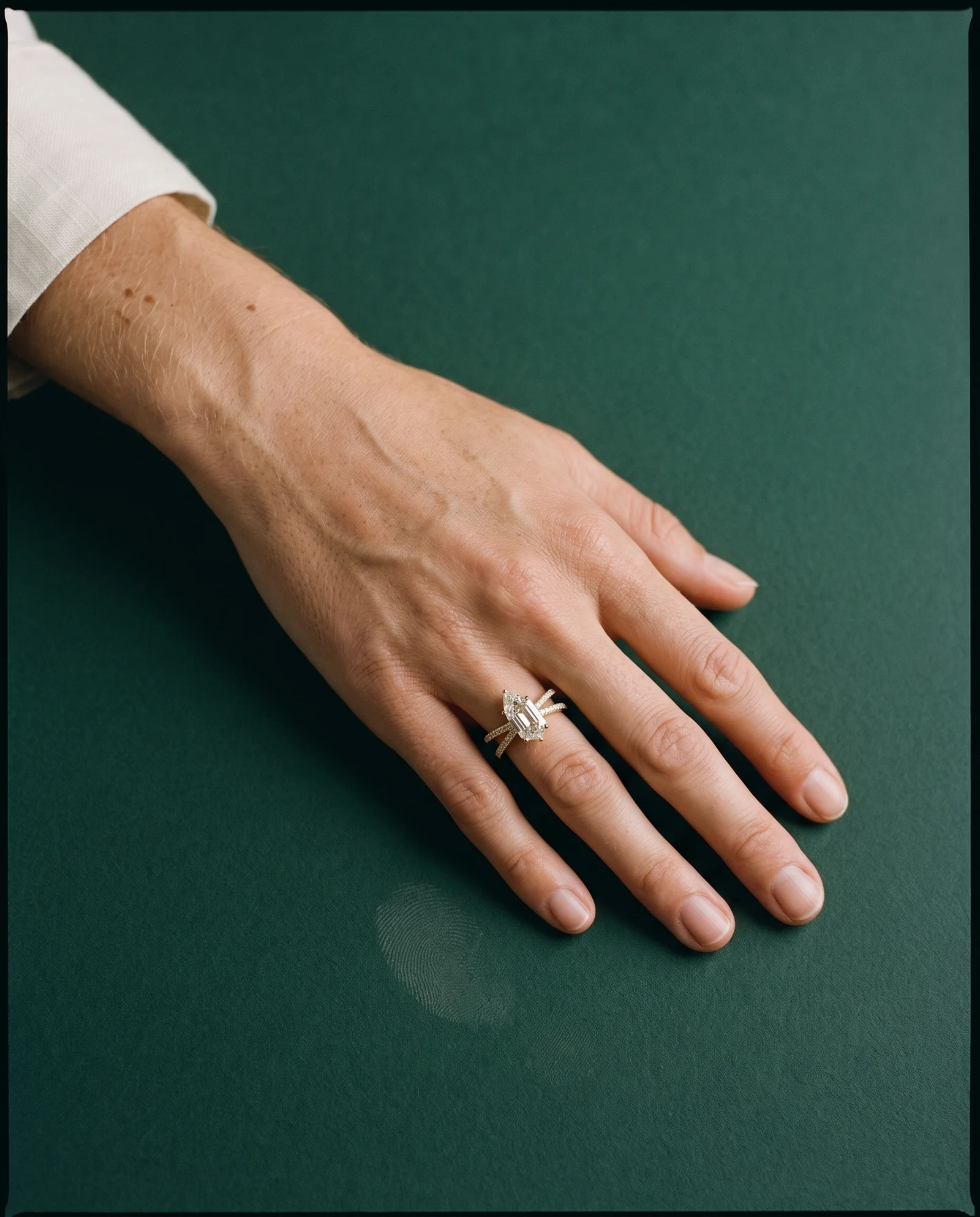 Skerry, Four Prong Step-cut pear Solitaire, Pavé Band, Split Shank in Yellow Gold, pear, worn