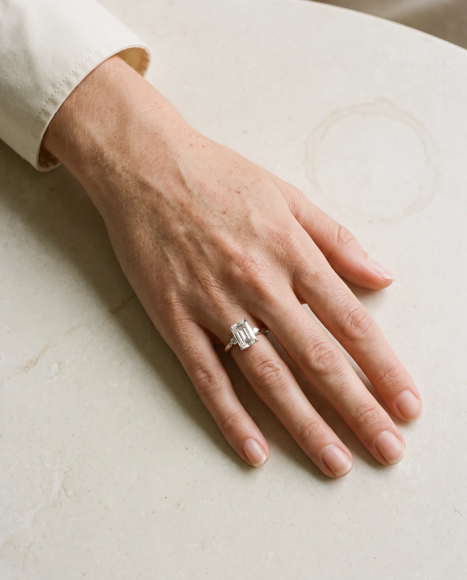 Marsh, Four Prong Emerald Solitaire in White Gold, emerald, worn