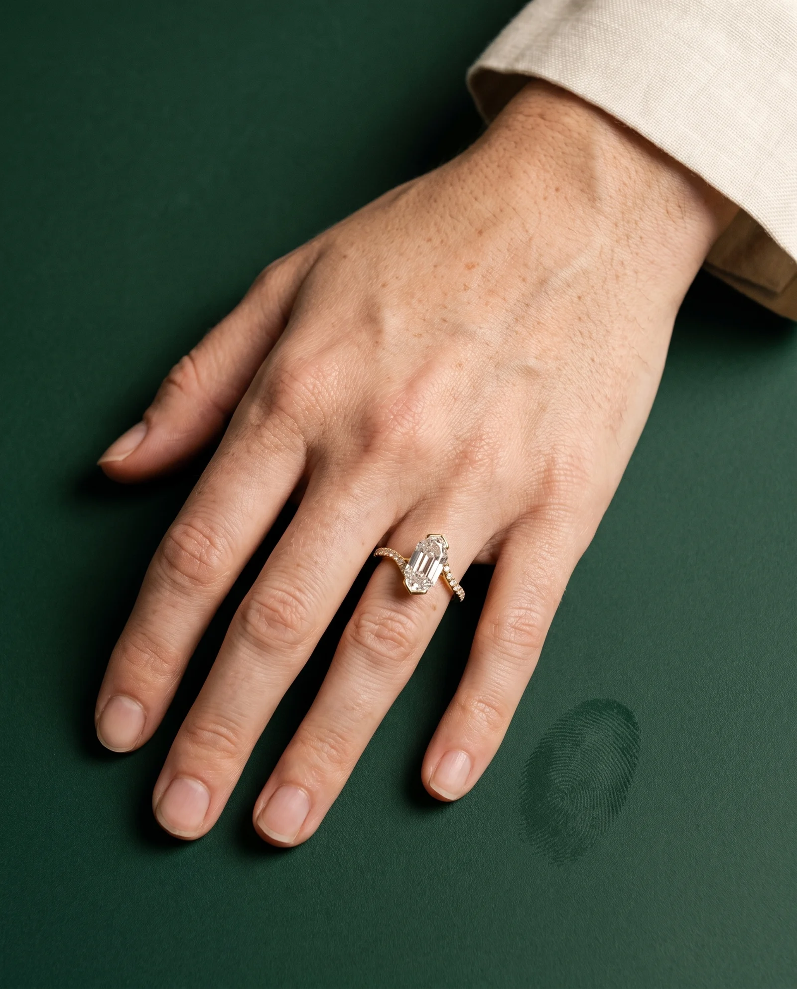 Quay, Four Prong Step-cut oval Solitaire, Pavé Band, Bypass in Yellow Gold, oval, worn