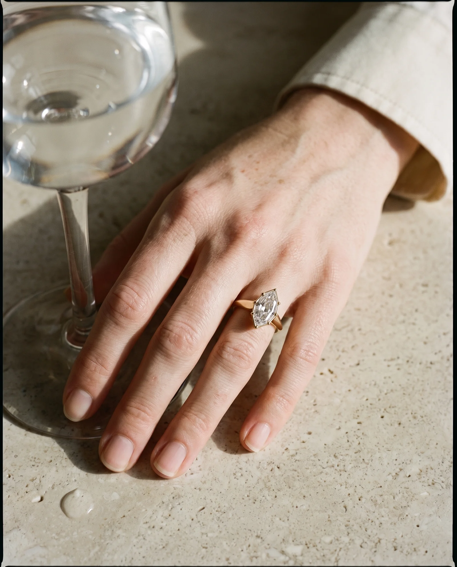 Slate, Four Prong Step-cut marquise Solitaire in Yellow Gold, marquise, worn