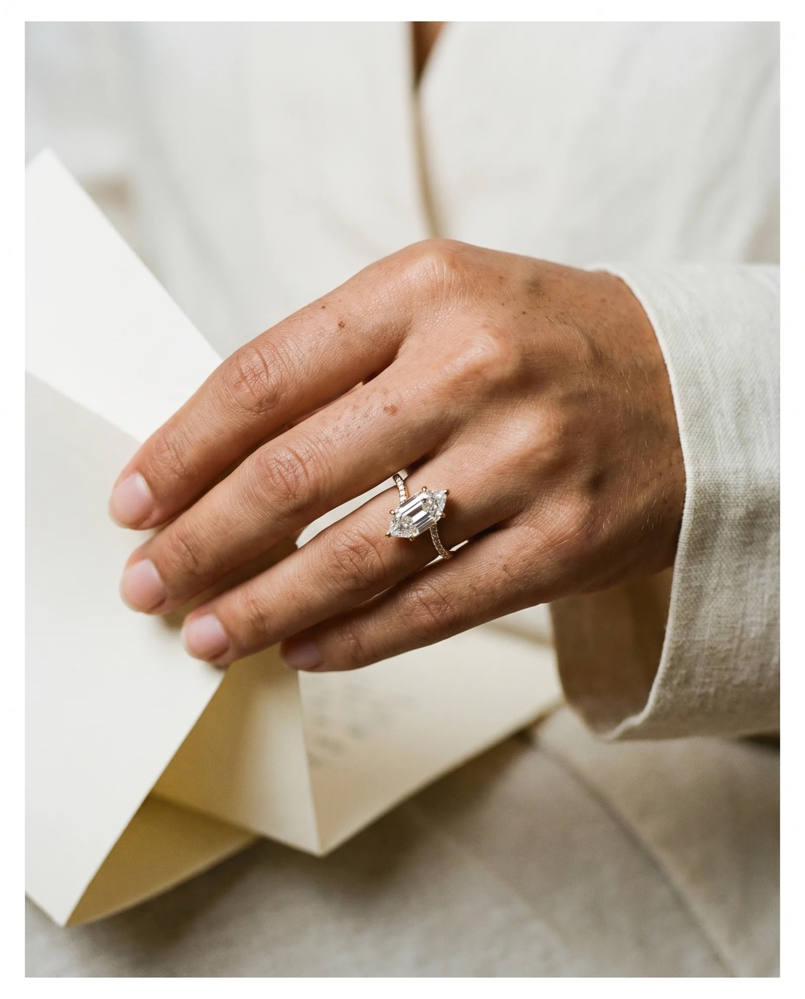 Thistle, Four Prong Step-cut marquise Solitaire, Pavé Band in Yellow Gold, marquise, worn