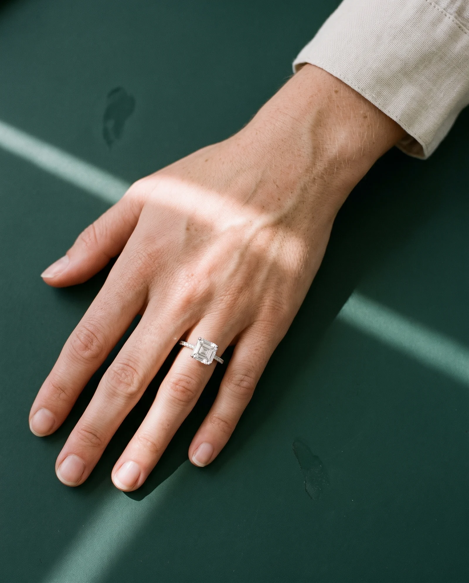 Yarrow, Four Prong Asscher Solitaire, Pavé Band, Hidden Halo in White Gold, asscher, worn