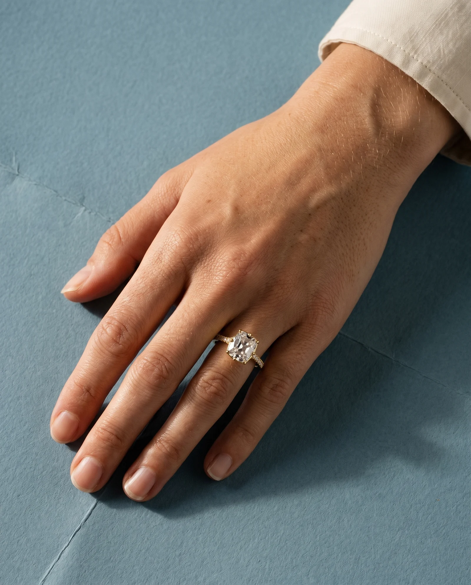 Zephyr, Four Prong Cushion Solitaire, Pavé Band in Yellow Gold, cushion, worn