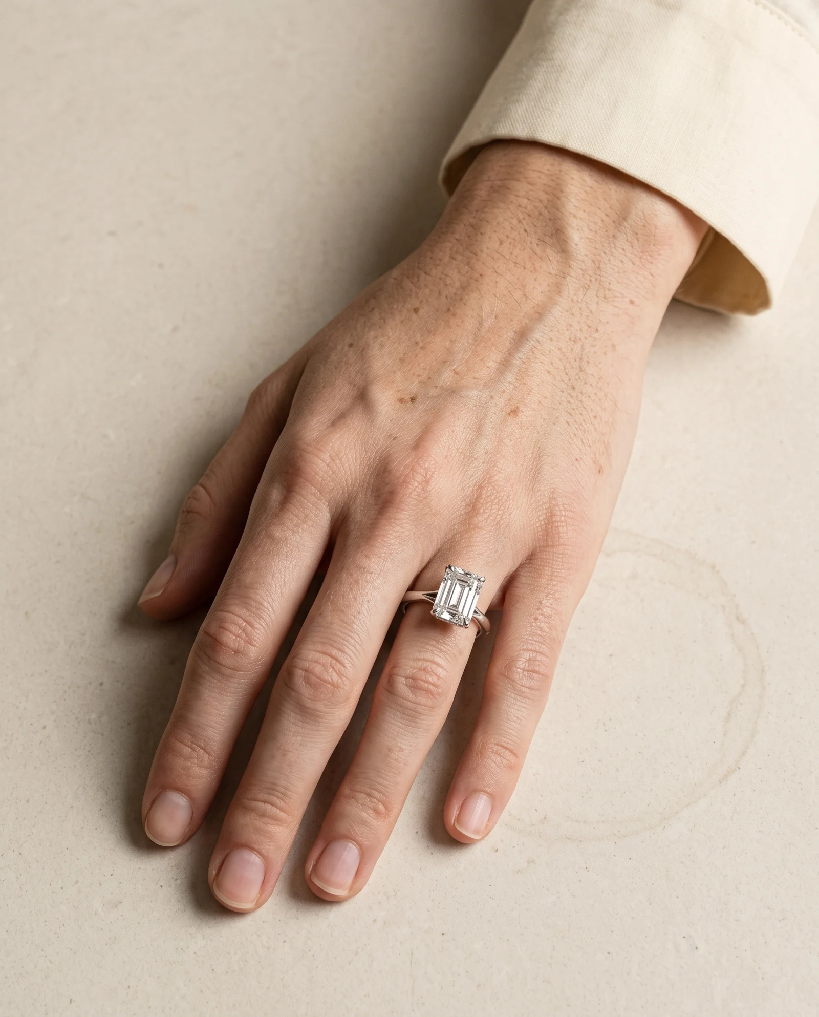 Angelie, Four Prong Emerald Solitaire, Hidden Halo in White Gold, emerald, worn