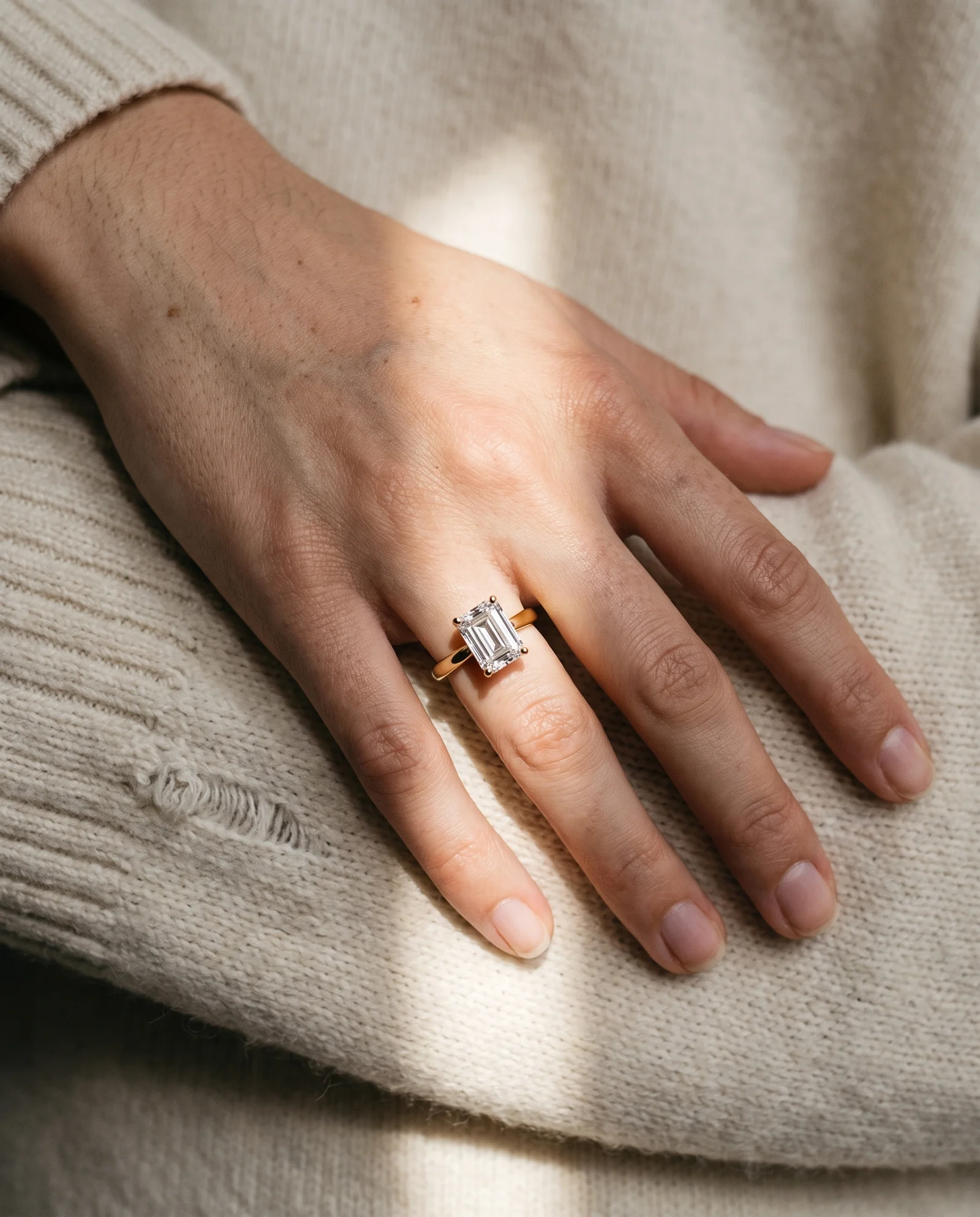 Ebb, Four Prong Emerald Solitaire, Hidden Halo in Yellow Gold, emerald, worn