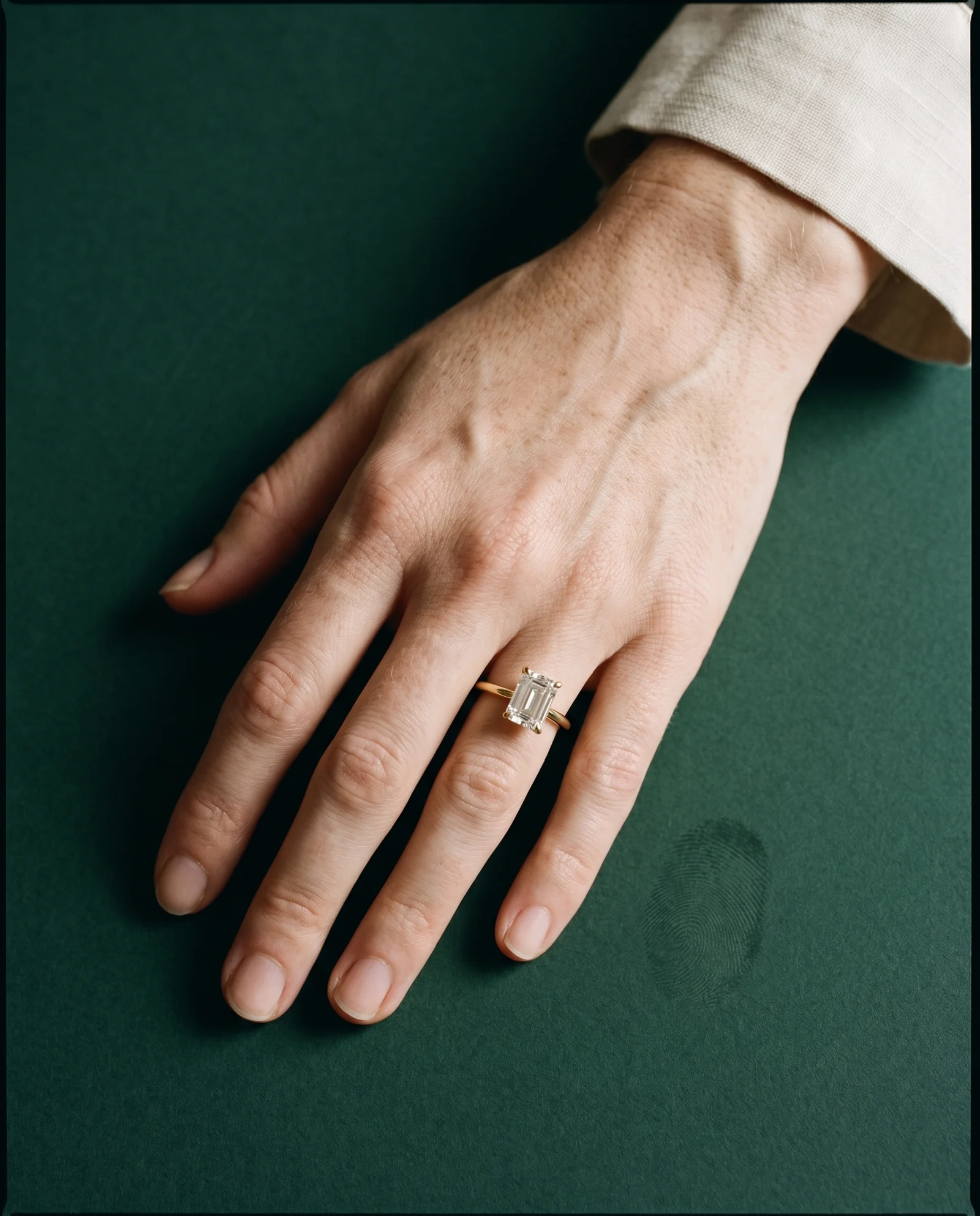 Frost, Four Prong Emerald Solitaire, Hidden Halo in Yellow Gold, emerald, worn