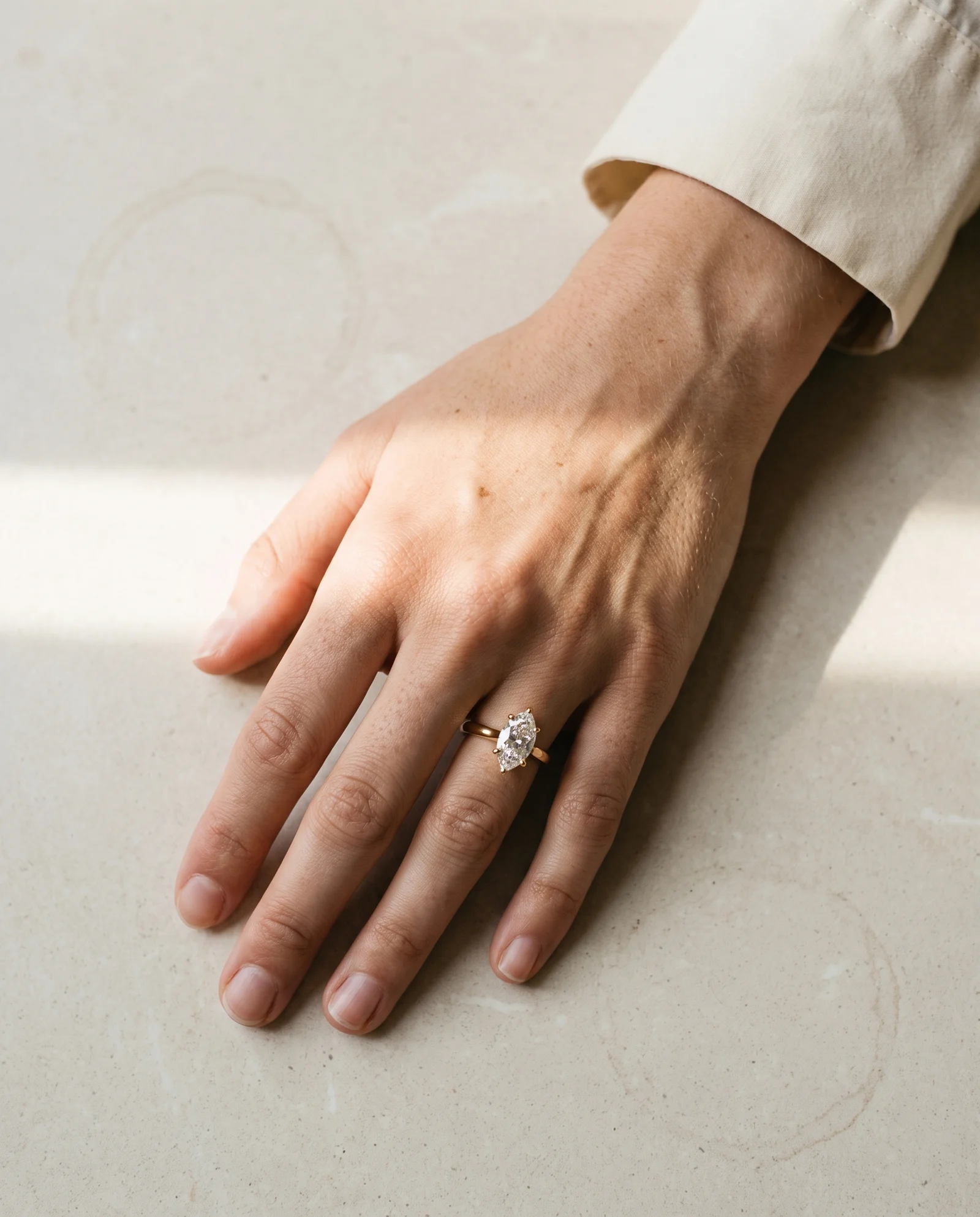 Jetty, Four Prong Marquise Solitaire, Hidden Halo in Yellow Gold, marquise, worn
