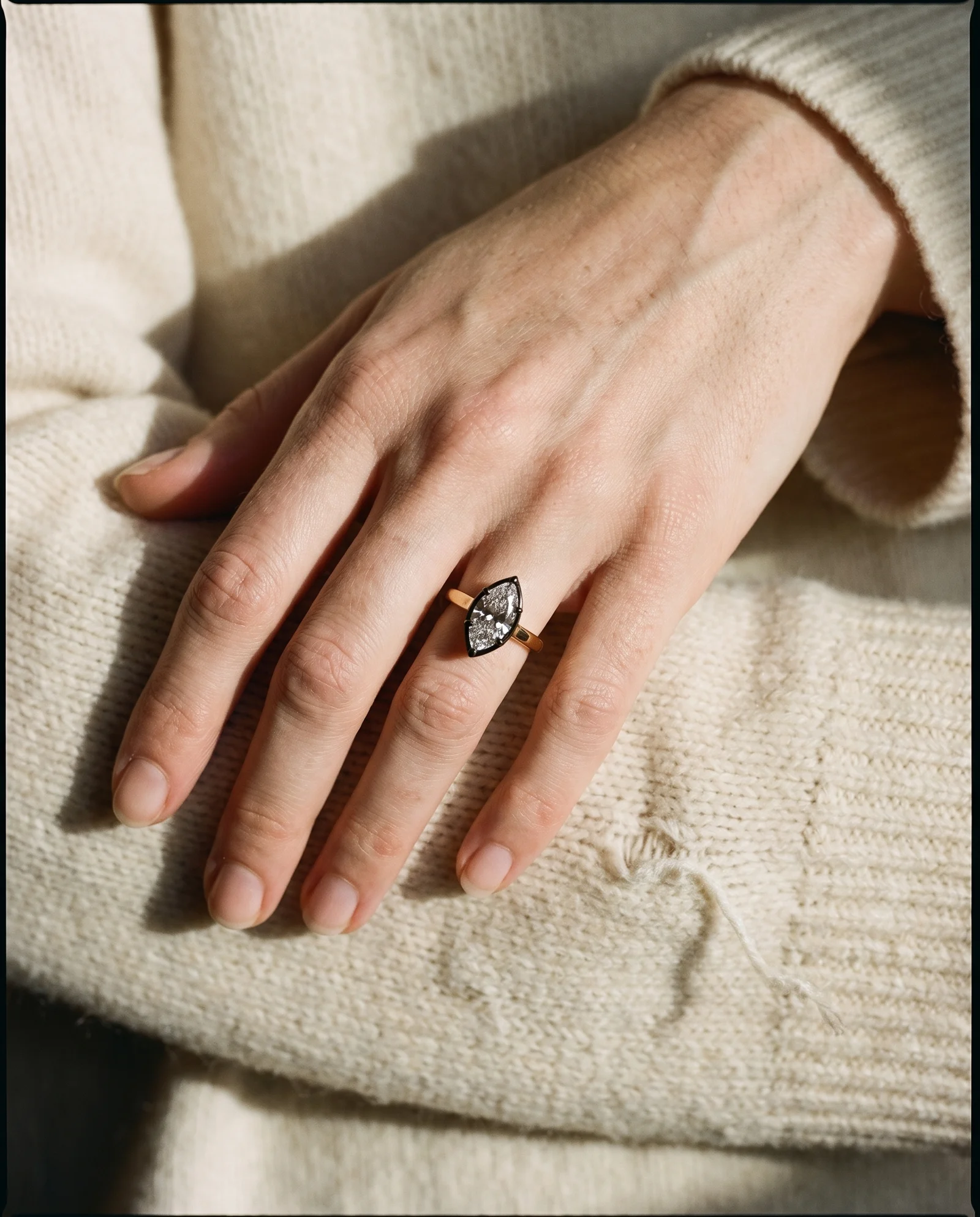 Loom, Four Prong Marquise Solitaire, Black Rhodium Head in Yellow Gold, marquise, worn