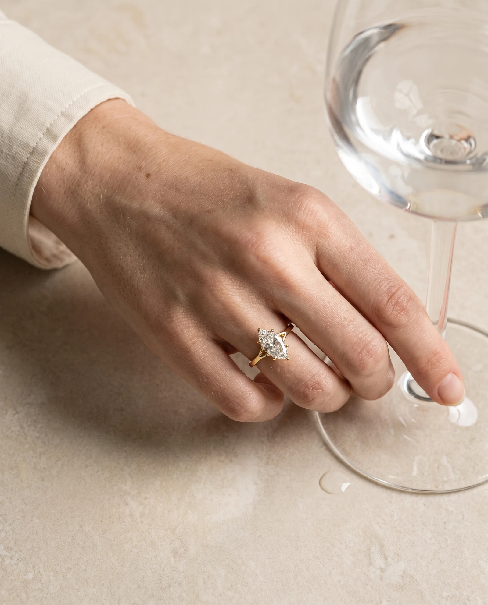 Plume, Four Prong Marquise Solitaire, Pavé Band in Yellow Gold, marquise, worn