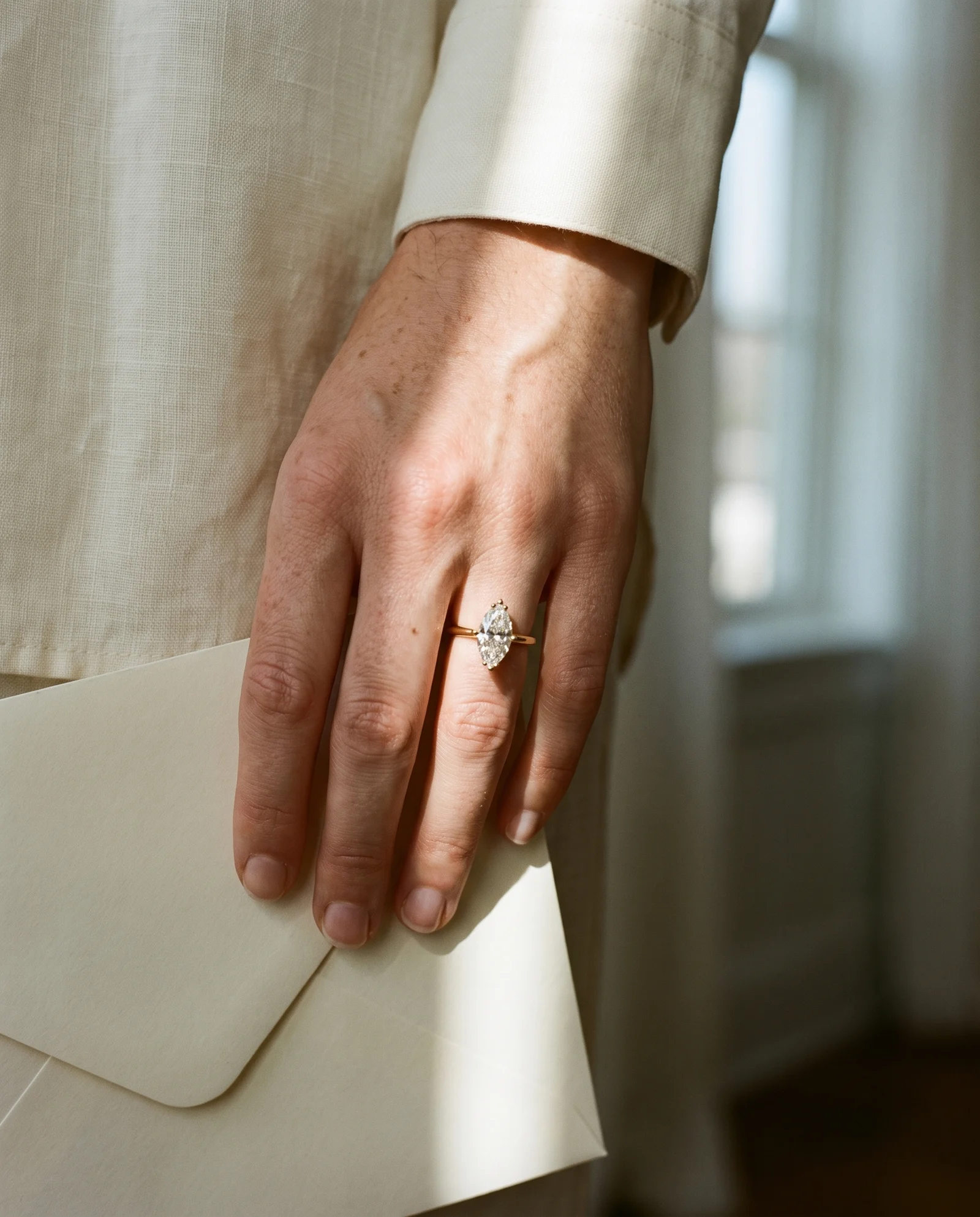 Ridge, Four Prong Marquise Solitaire in Yellow Gold, marquise, worn