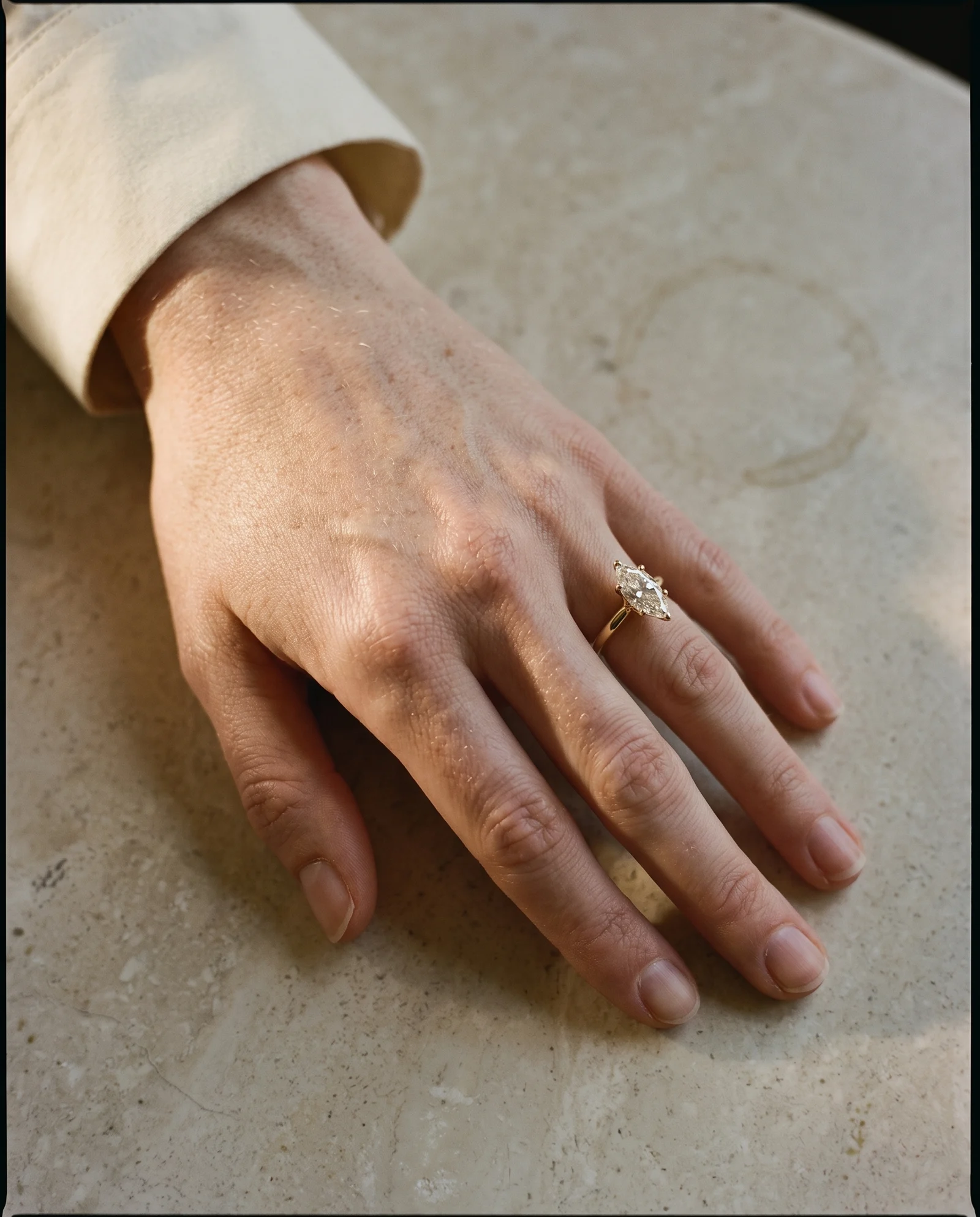 Shore, Four Prong Marquise Solitaire in Yellow Gold, marquise, worn
