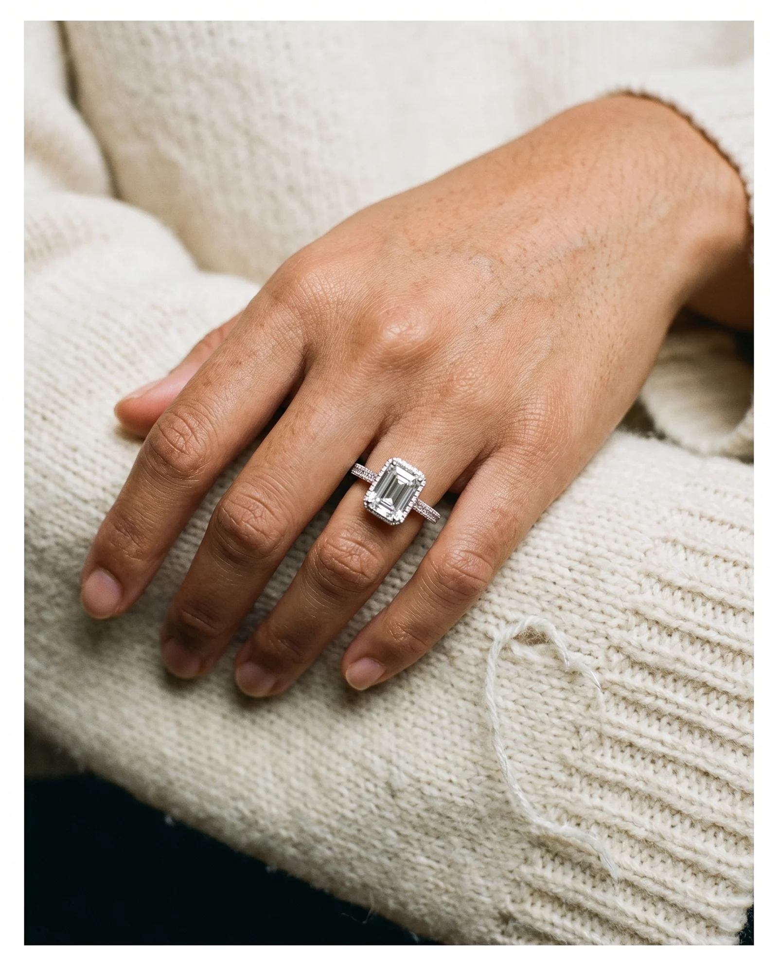 Tarn, Four Prong Emerald Solitaire, Pavé Band in White Gold, emerald, worn