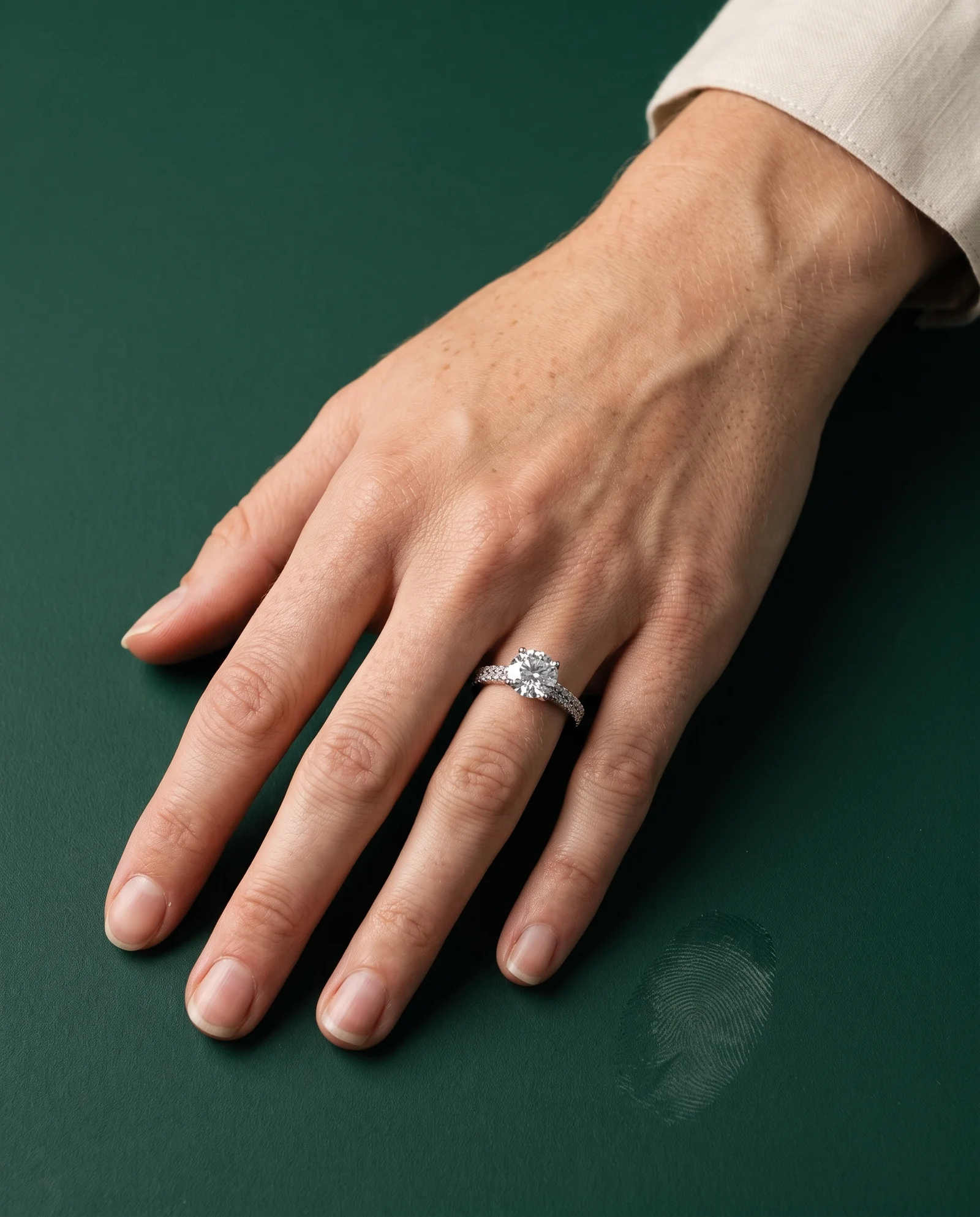 Verge, Four Prong Round Solitaire, Pavé Band in White Gold, round, worn