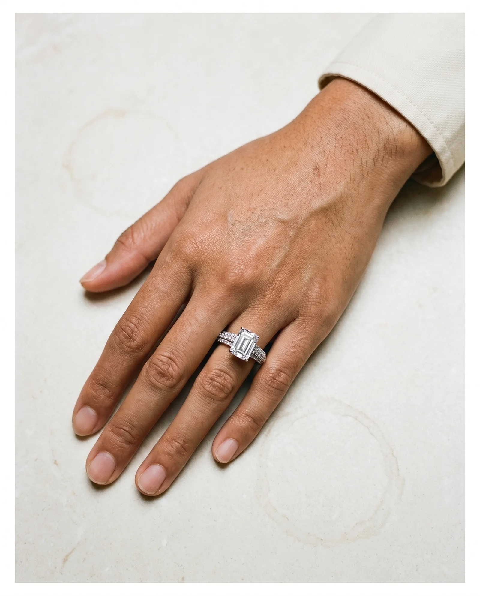 Eave, Four Prong Emerald Solitaire, Pavé Band in White Gold, emerald, worn