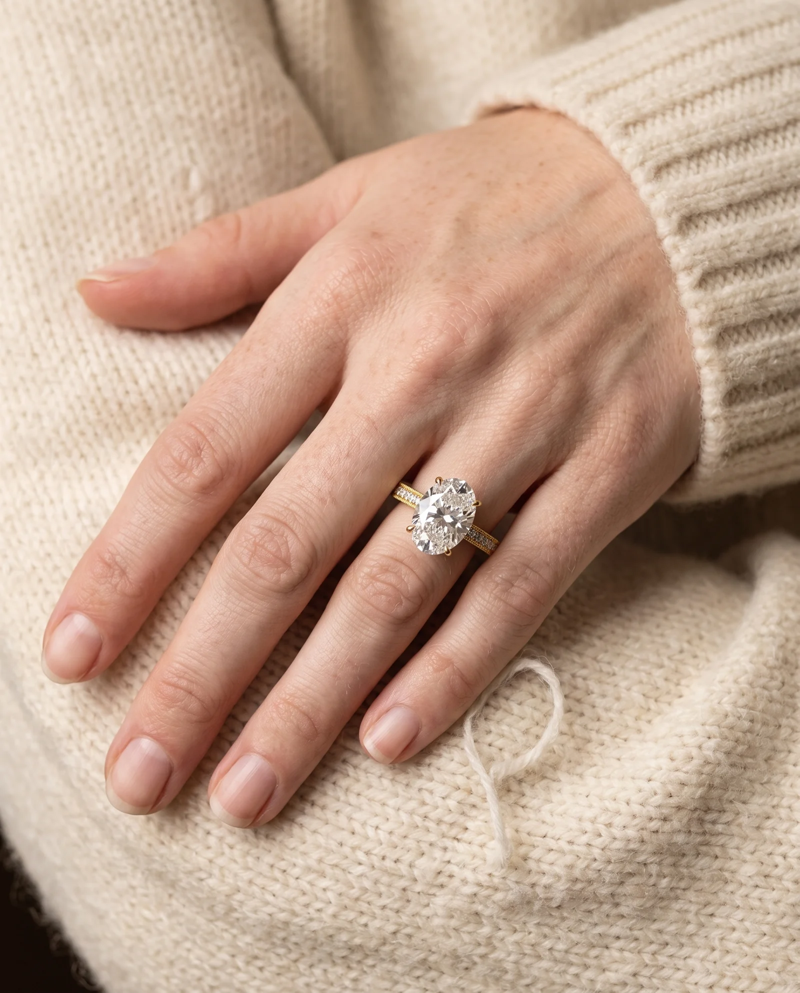 Fold, Four Prong Oval Solitaire, Pavé Band in Yellow Gold, oval, worn