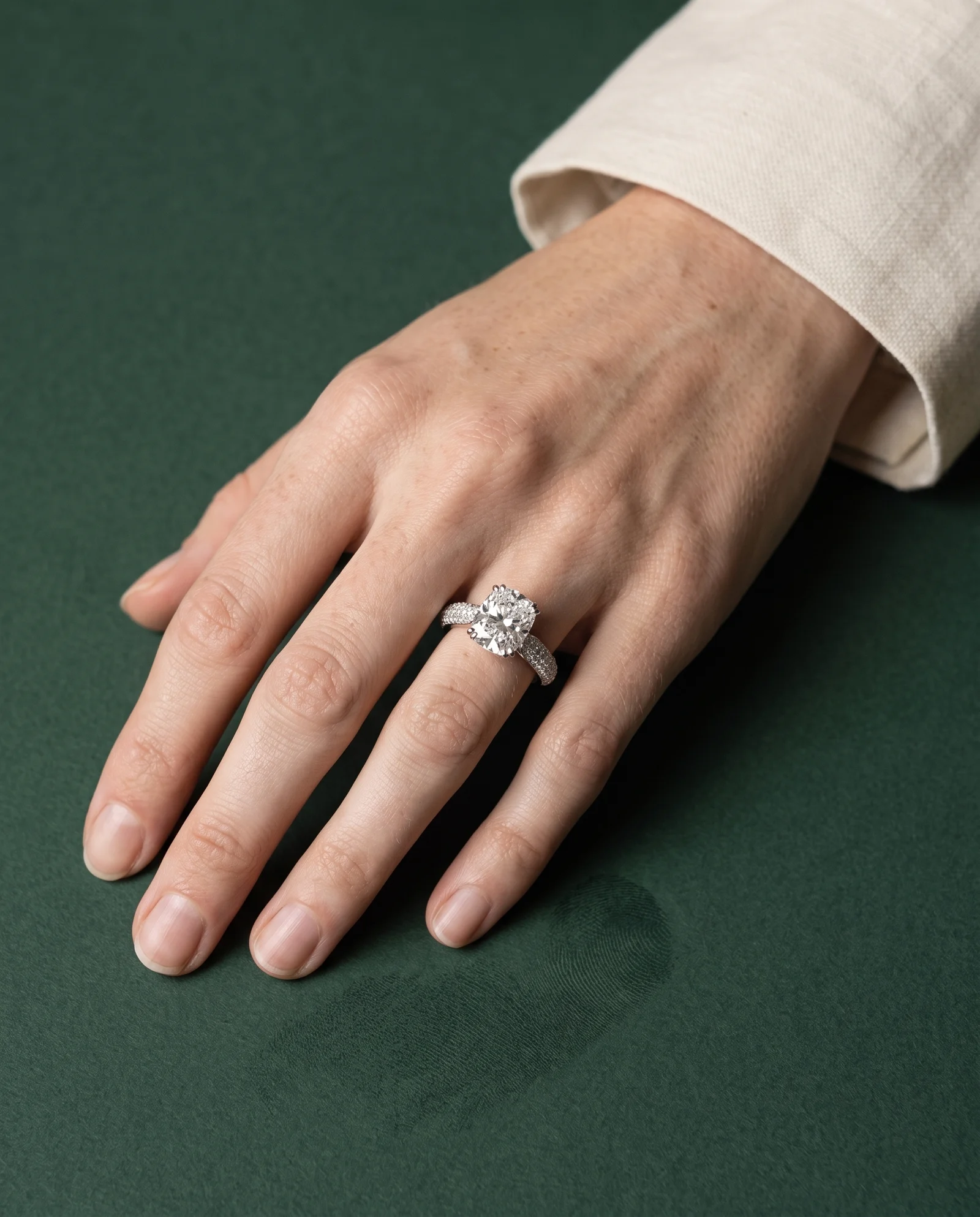 Gale, Four Prong Cushion Solitaire, Pavé Band in White Gold, cushion, worn