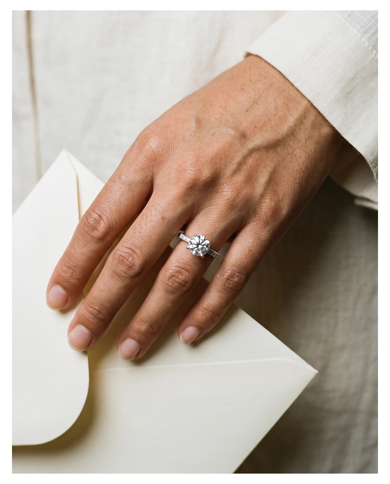 Keel, Four Prong Round Solitaire, Pavé Band in White Gold, round, worn