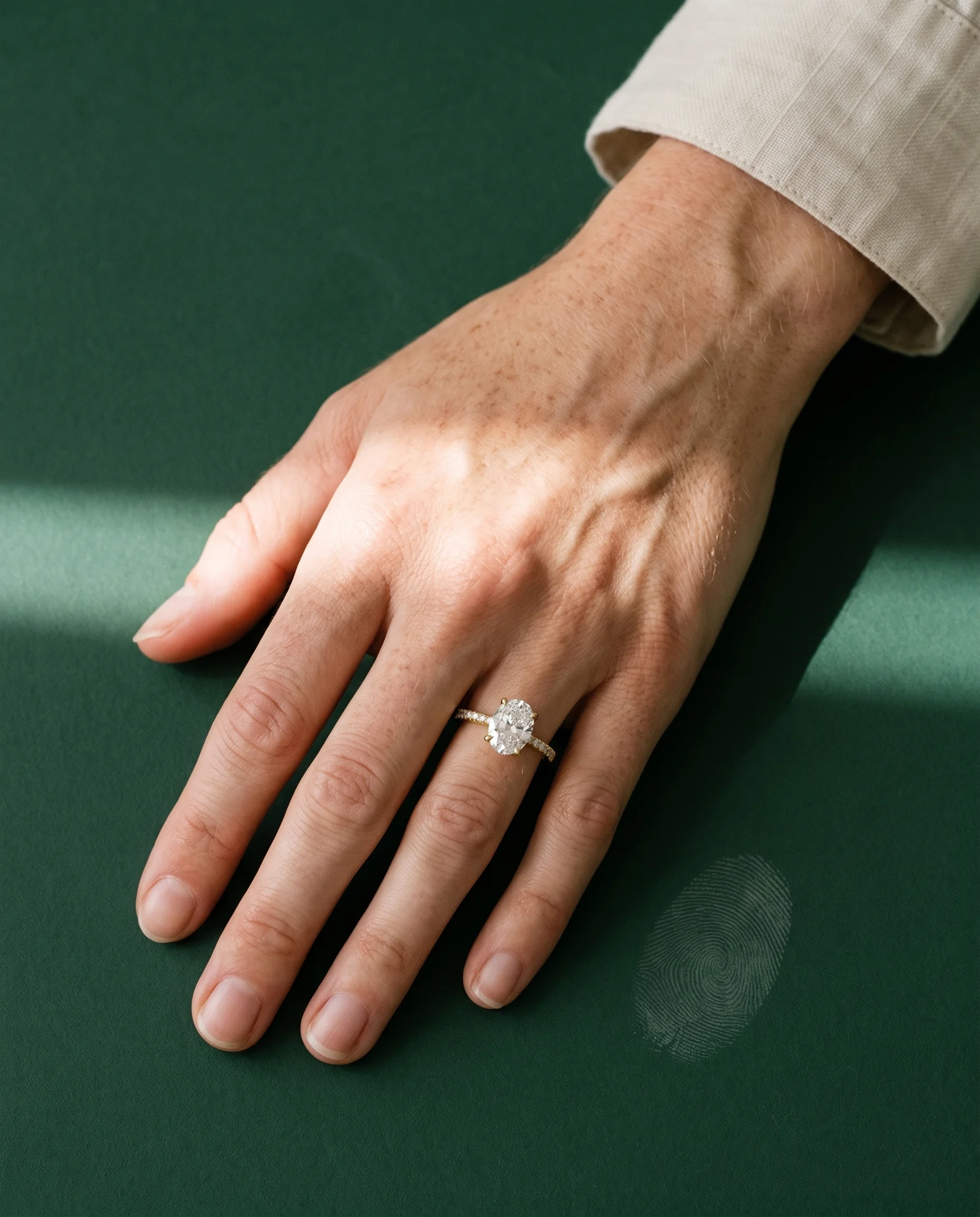 Nest, Four Prong Oval East-West Solitaire, Pavé Band in Yellow Gold, oval, worn