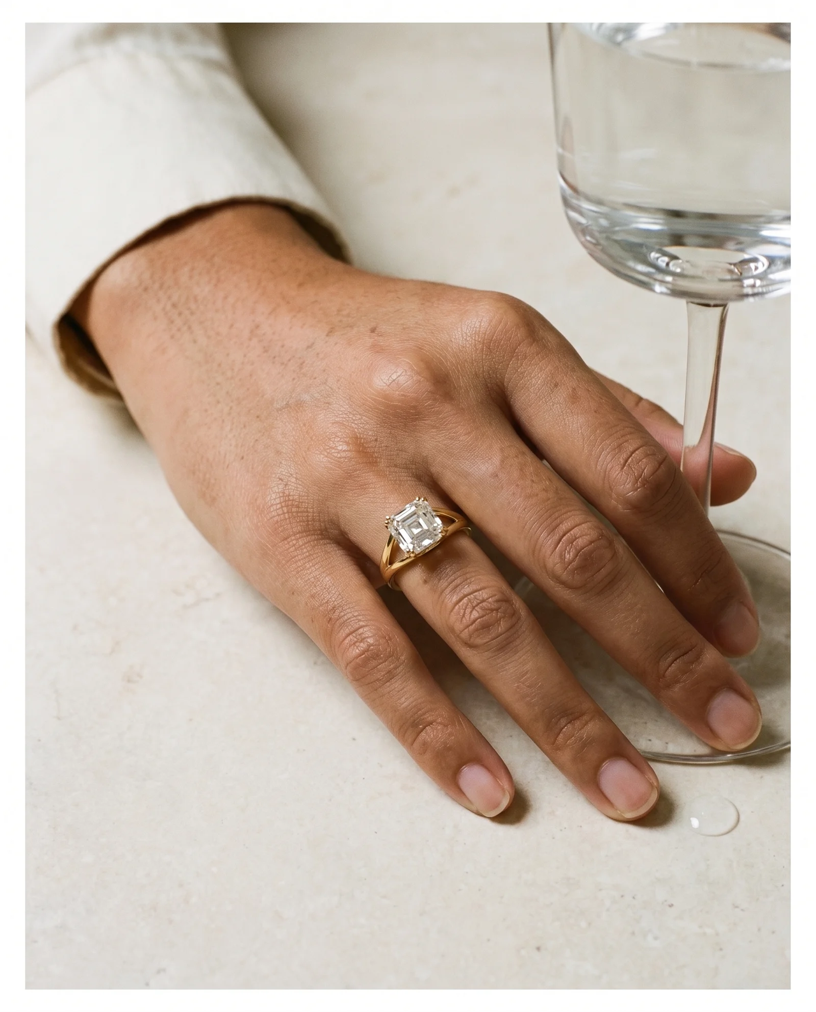 Pier, Four Prong Asscher Solitaire, Split Shank in Yellow Gold, asscher, worn