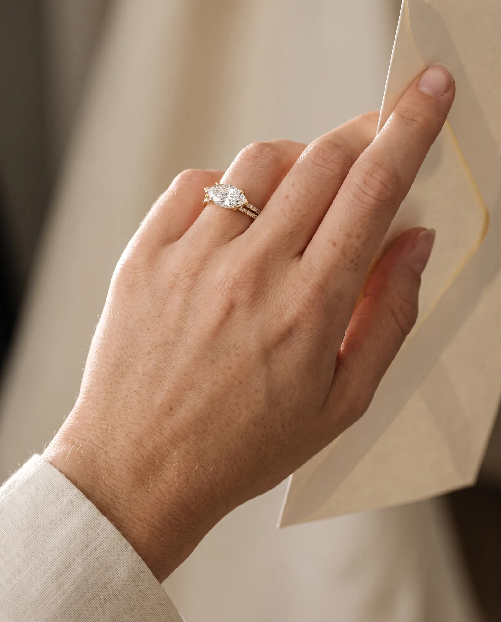 Rye, Four Prong Marquise East-West Solitaire, Pavé Band in Yellow Gold, marquise, worn