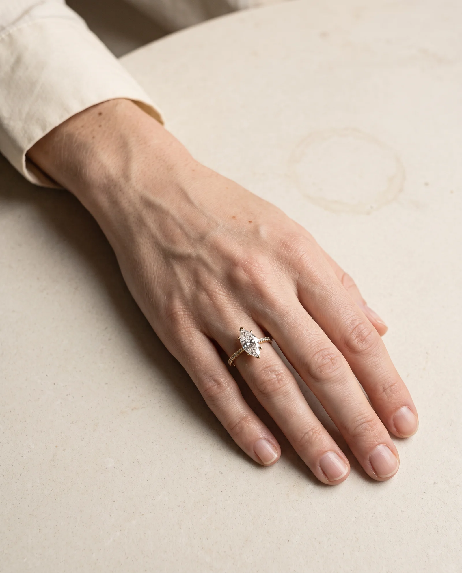 Sill, Four Prong Marquise East-West Solitaire, Pavé Band in Yellow Gold, marquise, worn