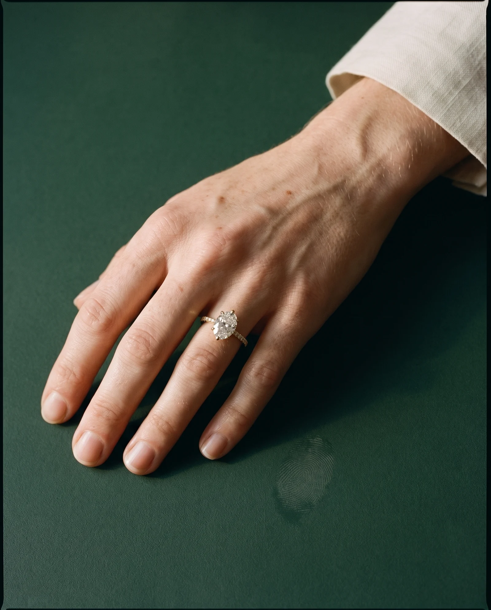 Vane, Four Prong Oval East-West Solitaire, Pavé Band in Yellow Gold, oval, worn