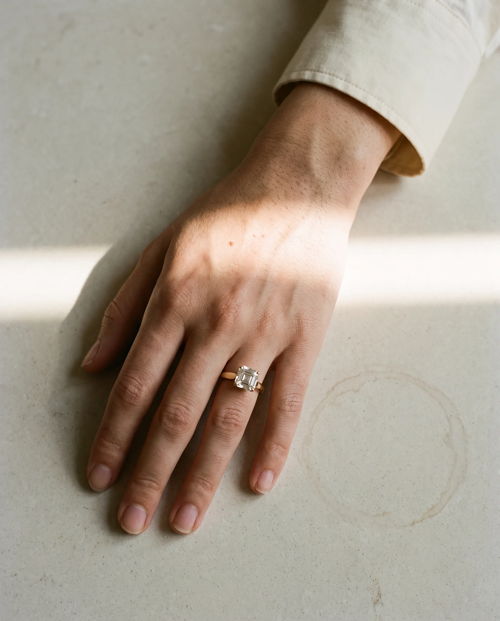 Eddy, Four Prong Asscher Solitaire in Yellow Gold, asscher, worn
