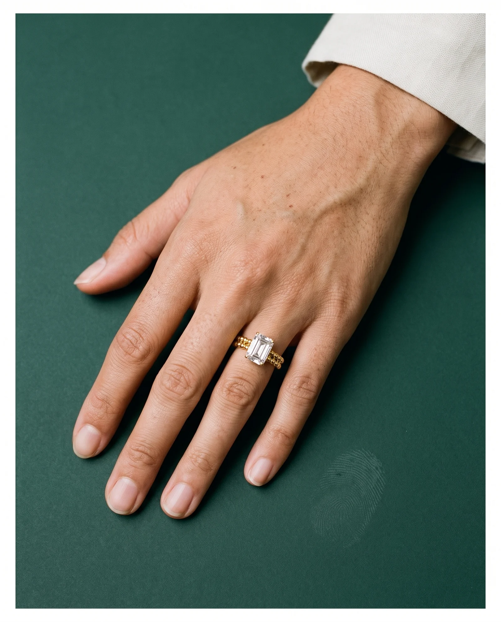 Hollow, Four Prong Emerald Solitaire in Yellow Gold, emerald, worn