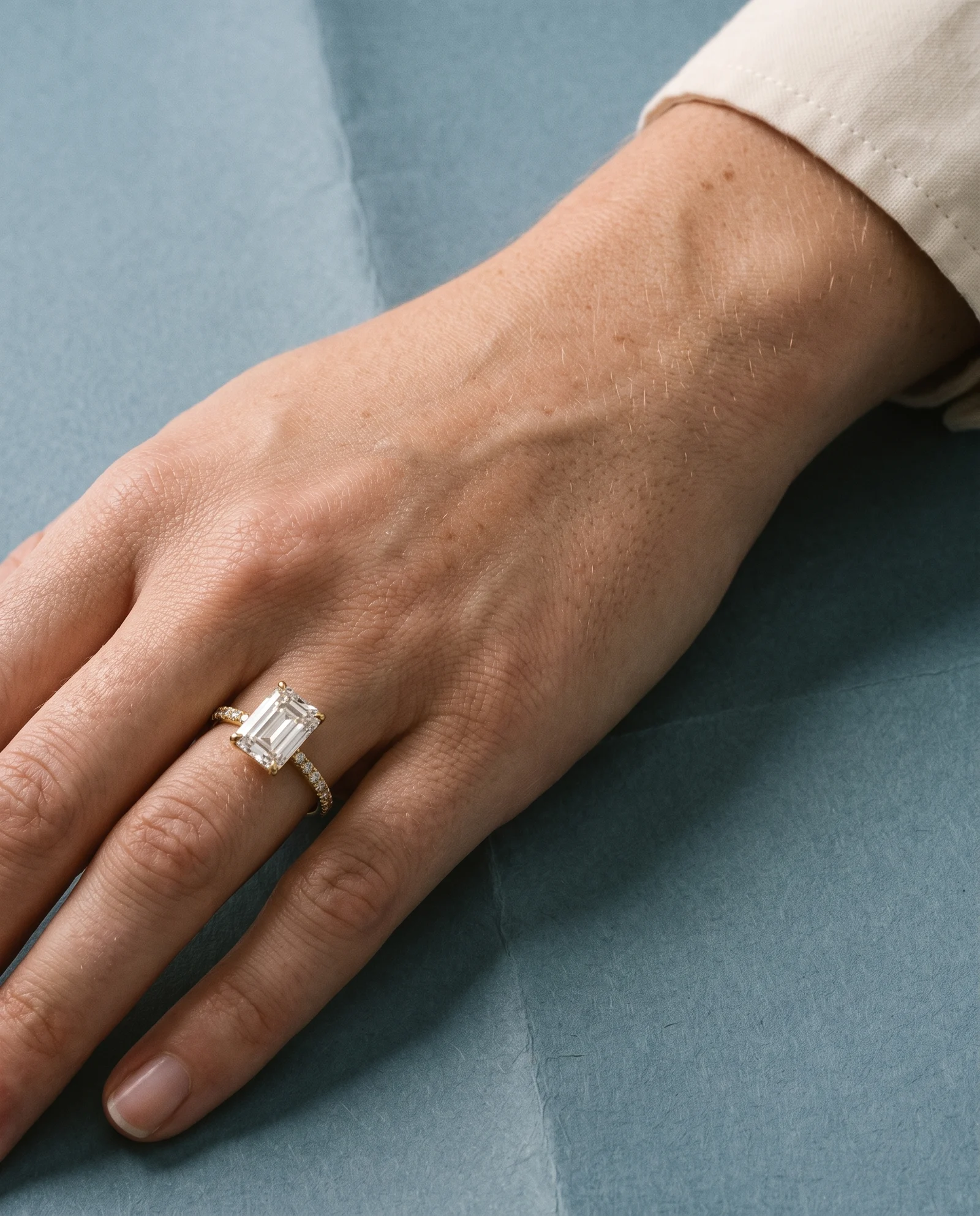 Ivy, Four Prong Emerald Solitaire, Pavé Band in Yellow Gold, emerald, worn