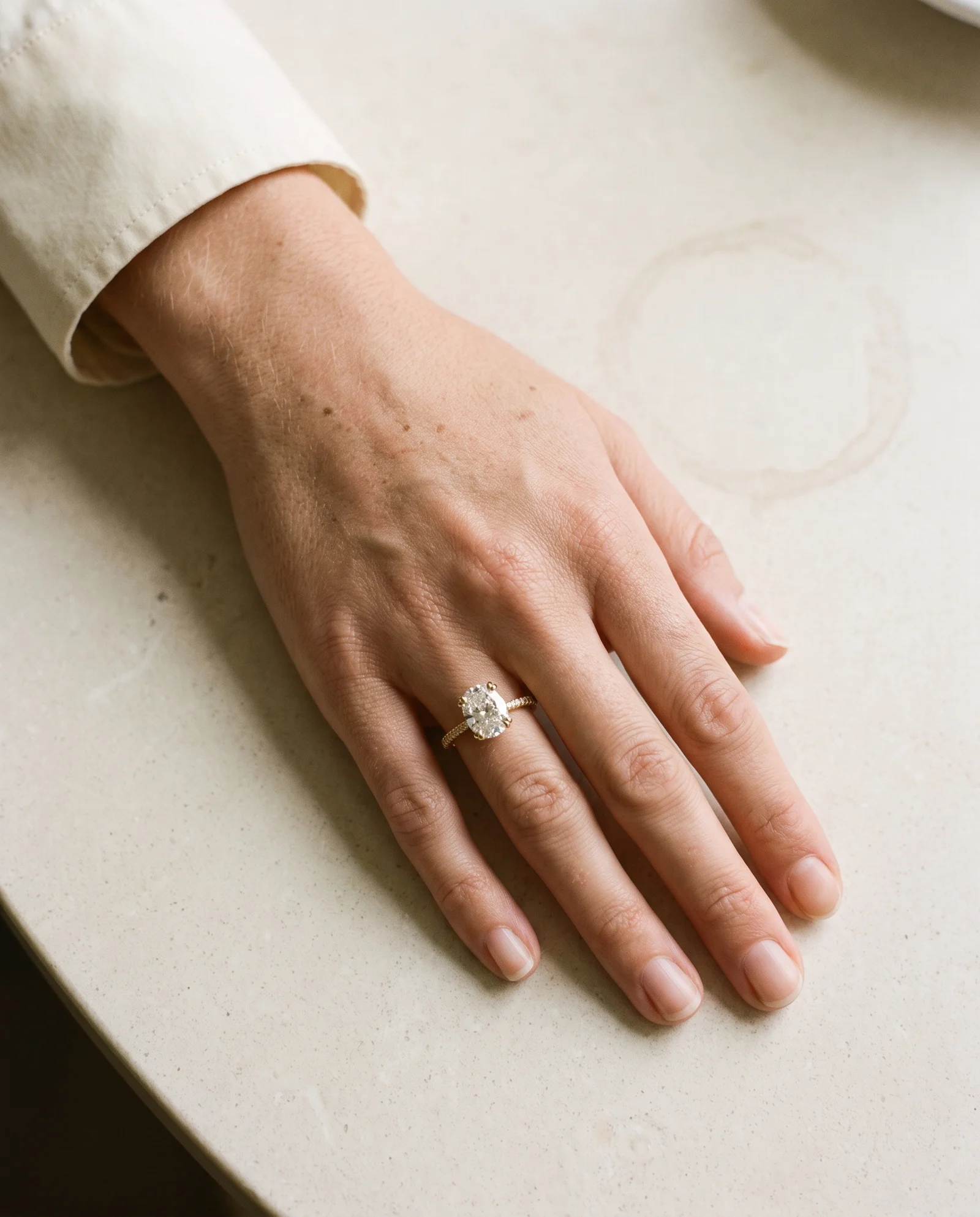Pale, Four Prong Cushion Solitaire, Pavé Band in Yellow Gold, cushion, worn