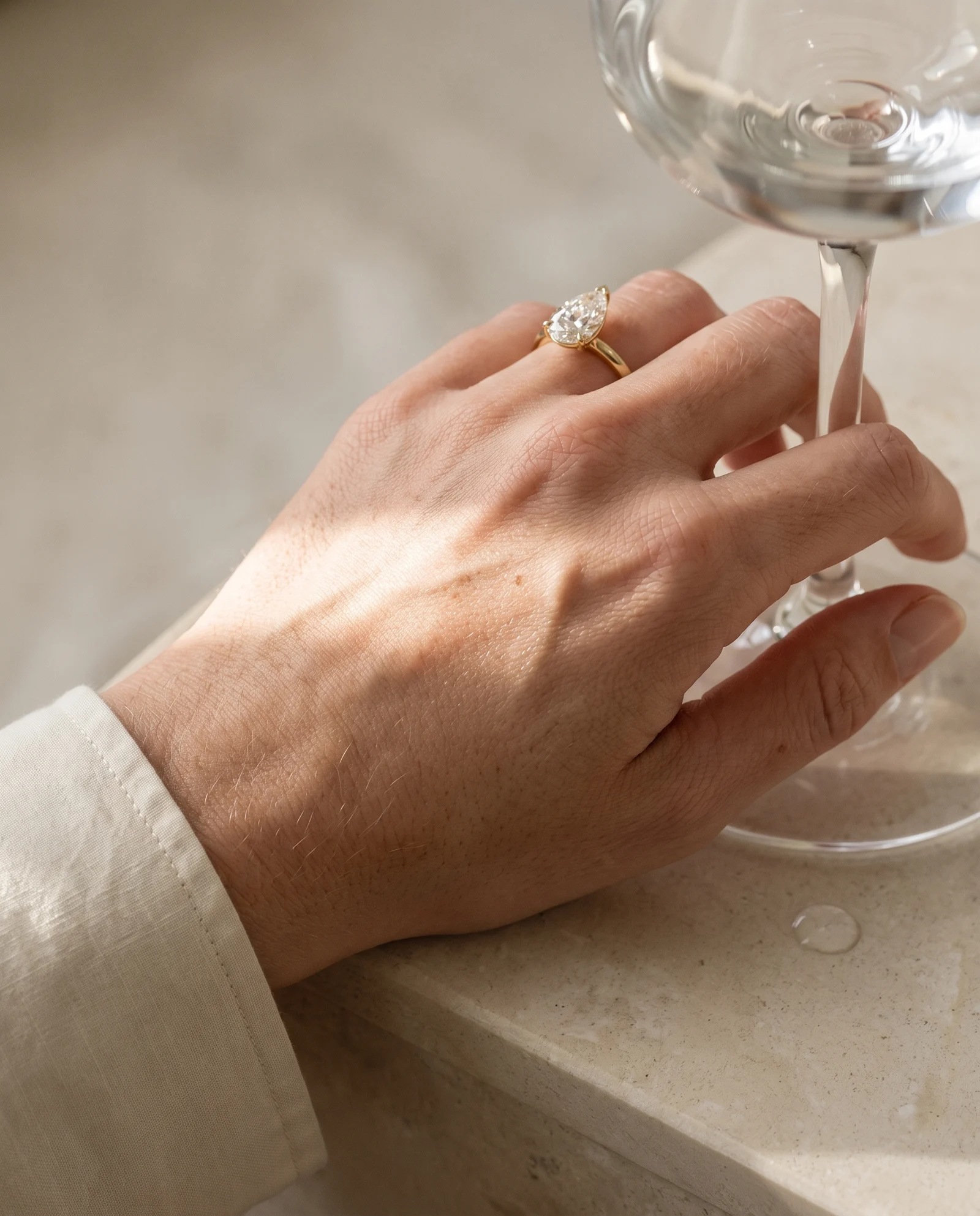 Trellis, Three Prong Pear Solitaire in Yellow Gold, pear, worn