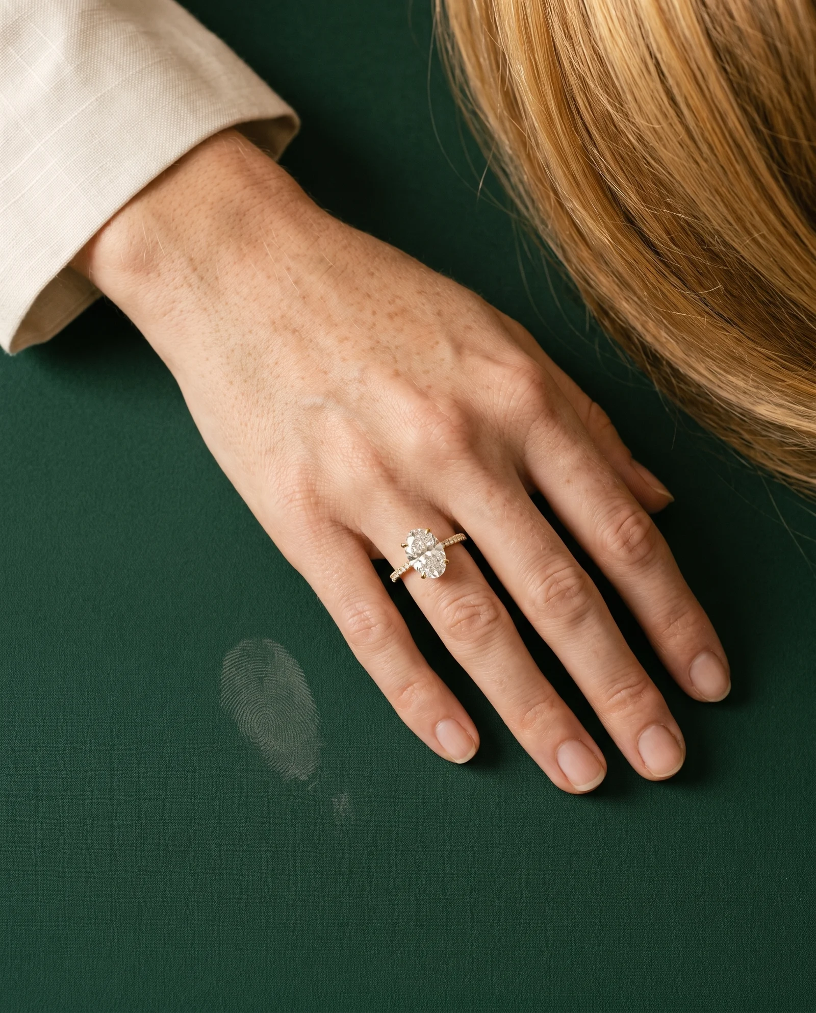 Beacon, Four Prong Oval Solitaire, Pavé Band in Yellow Gold, oval, worn