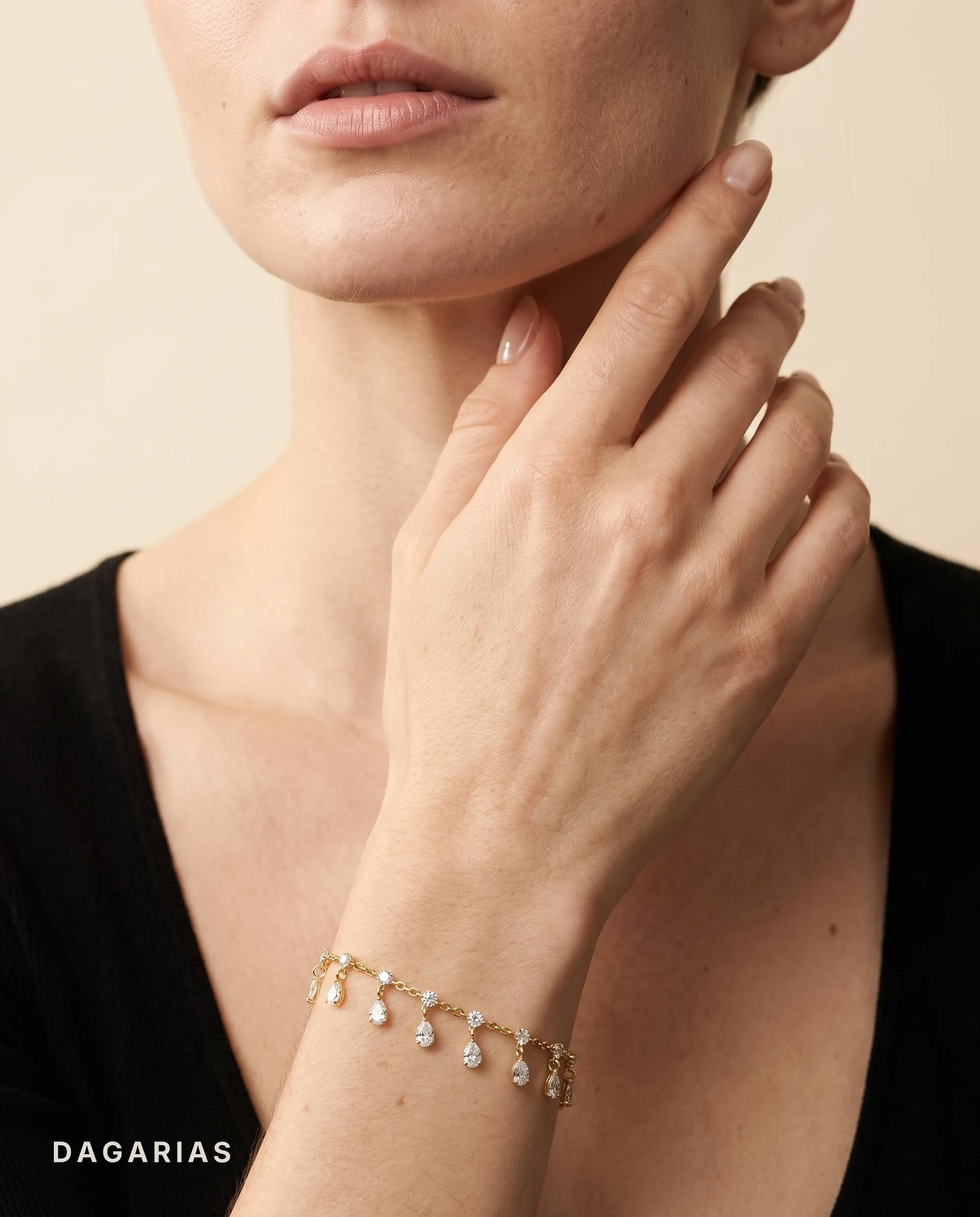Margaux, Double Chain Bracelet with Round Stations and Pear Drops in Yellow Gold, mixed, worn