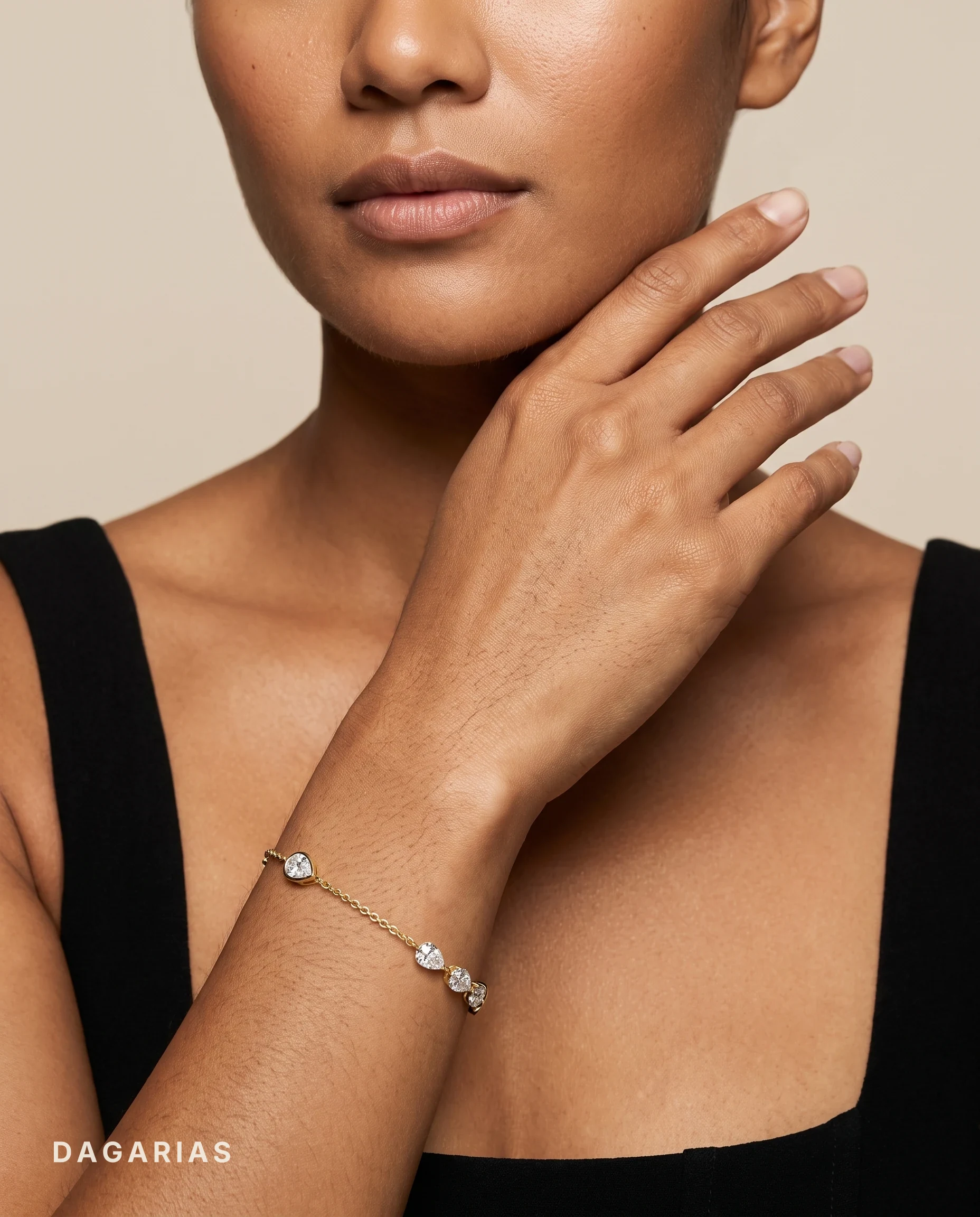 Clementine, Chain Bracelet with Bezel and Open Pear Stations in Yellow Gold, pear, worn