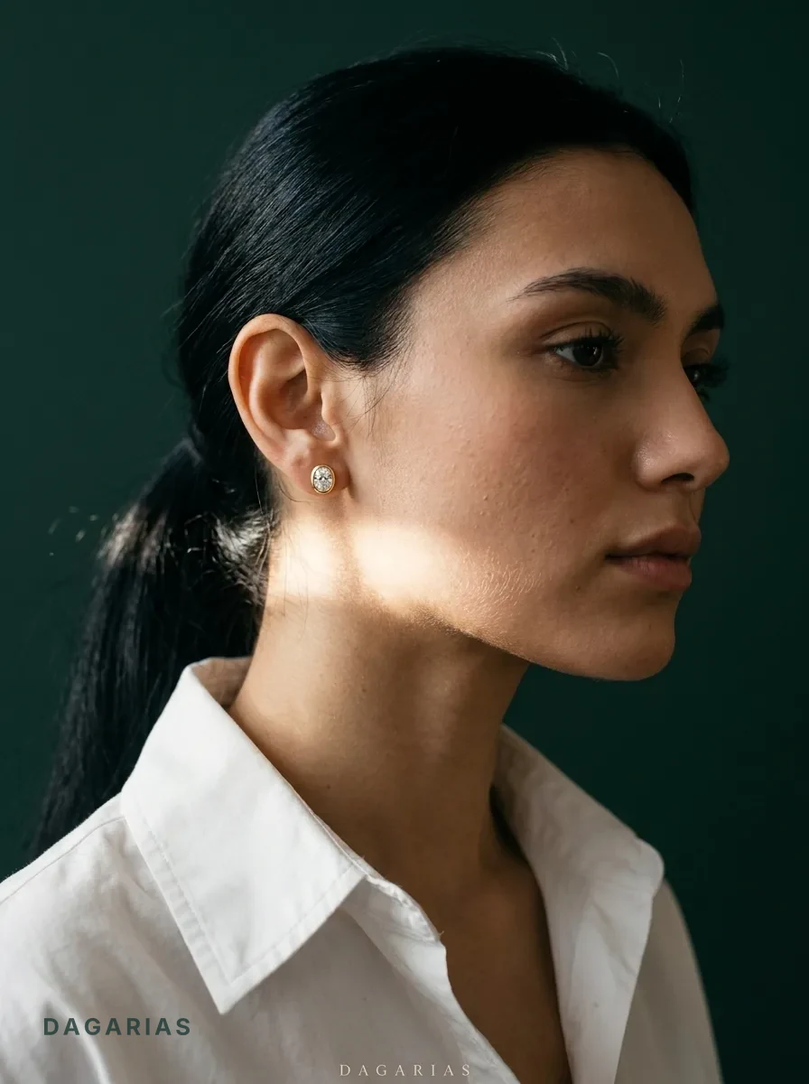 Gill, Oval Bezel Studs in Yellow Gold, oval, worn