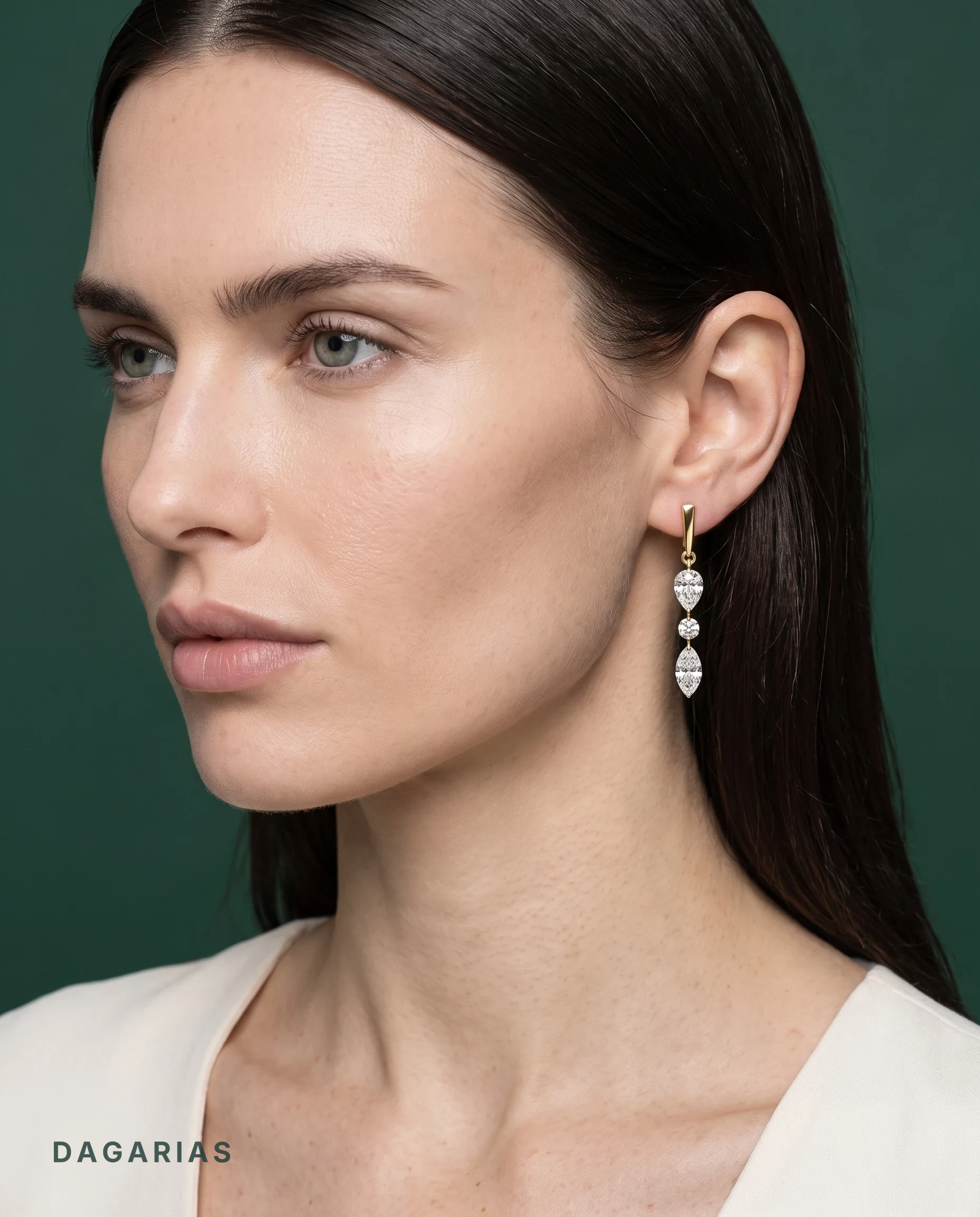 Rosalind, Pear, Round and Marquise Drops in Yellow Gold, mixed, worn