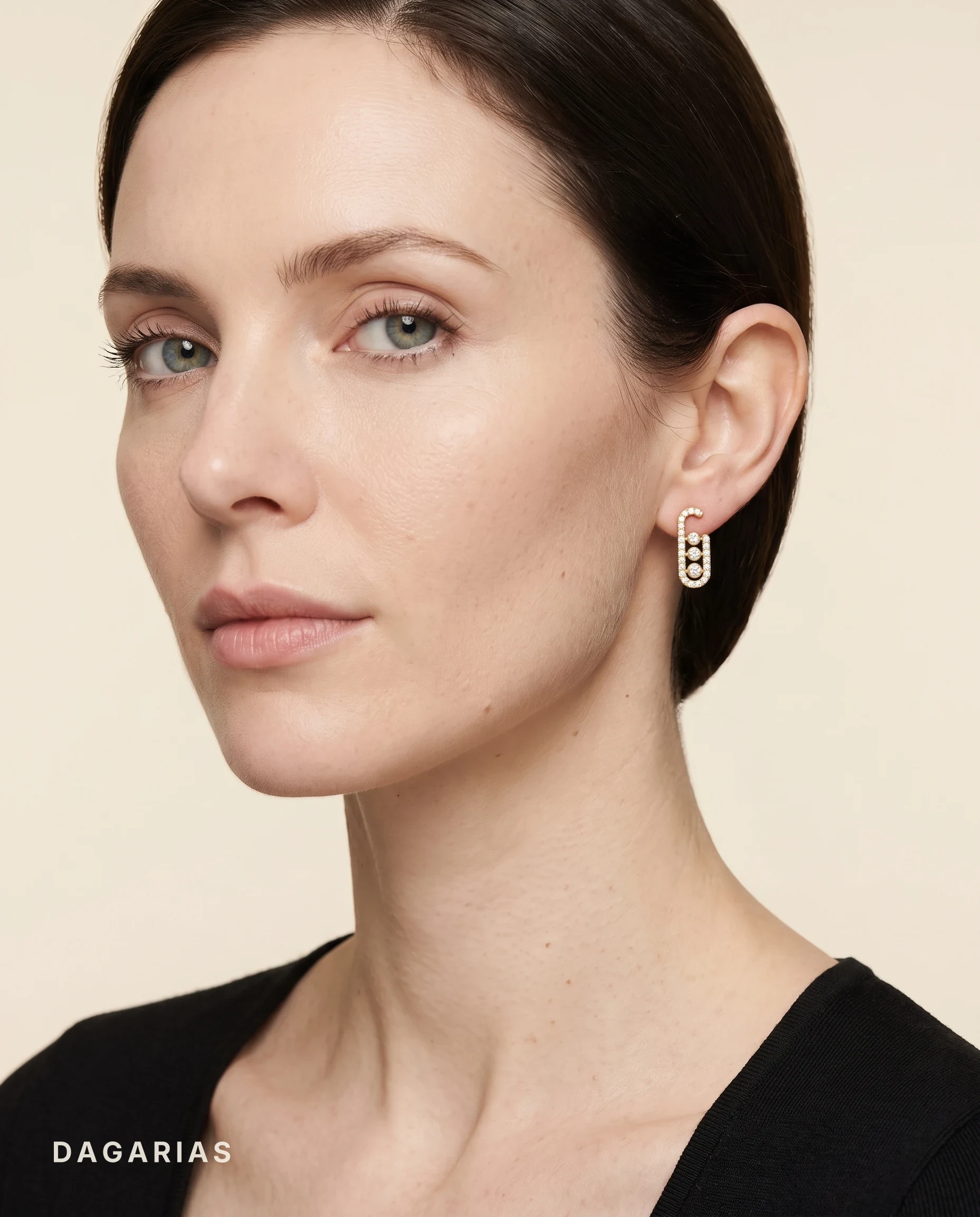 Beatrix, Pavé Frame Studs with Three Bezel Rounds in Yellow Gold, round, worn