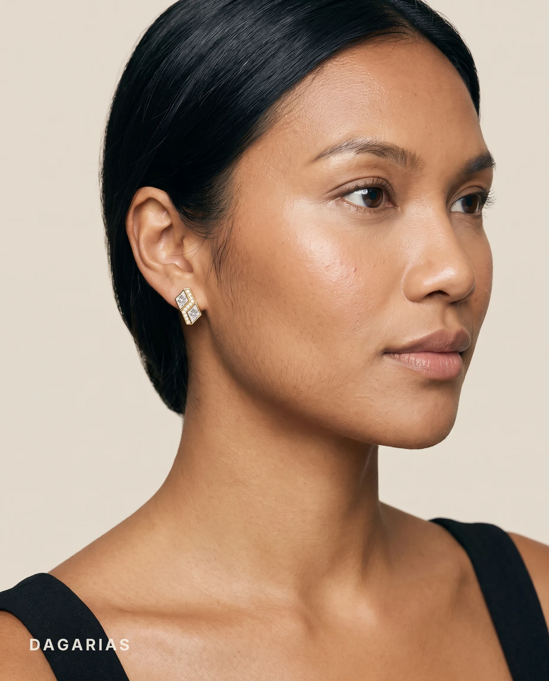 Eleanor, Double Kite Studs with Pavé Line in Yellow Gold, kite, worn