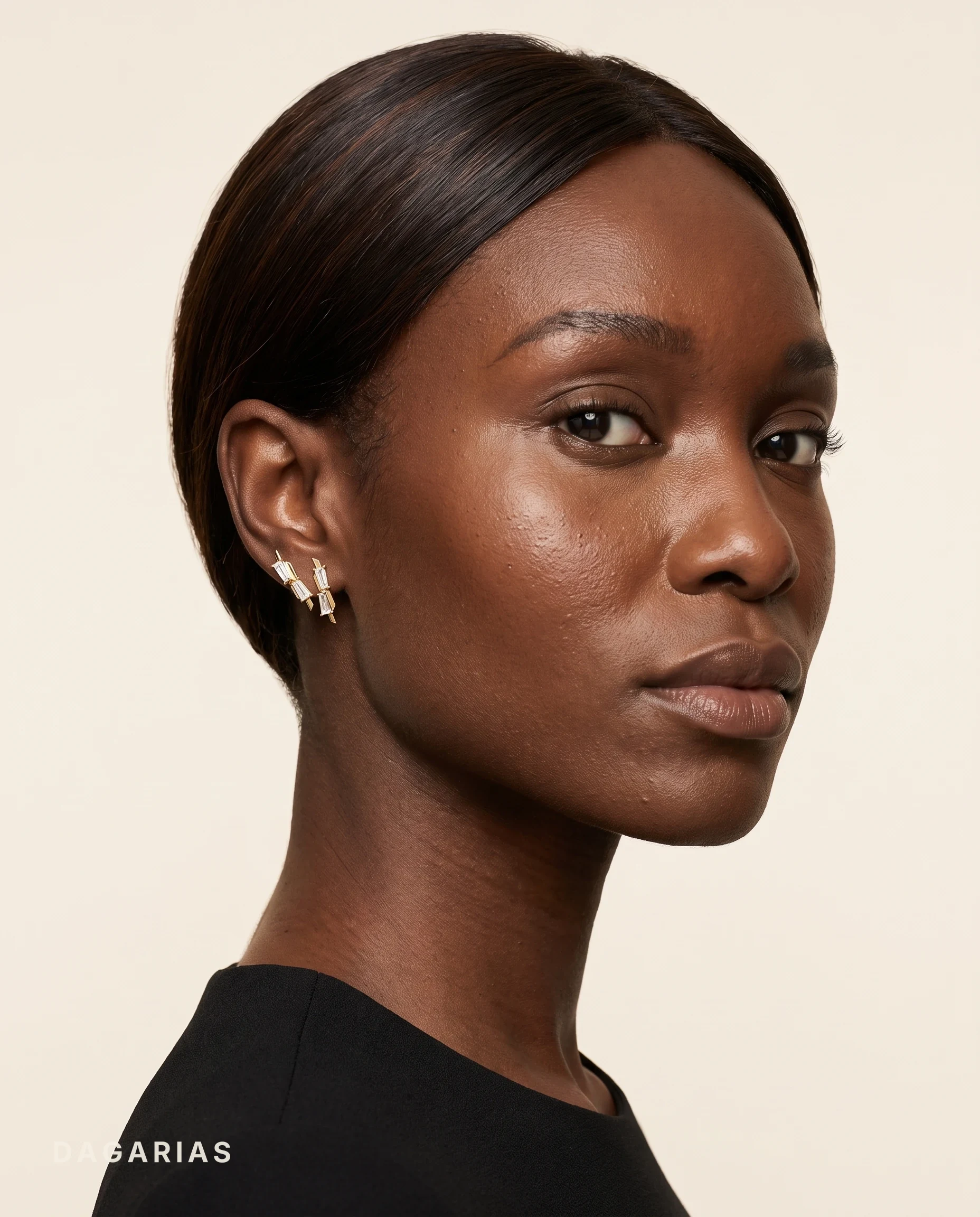 Genevieve, Tapered Baguette Climber Studs in Yellow Gold, baguette, worn