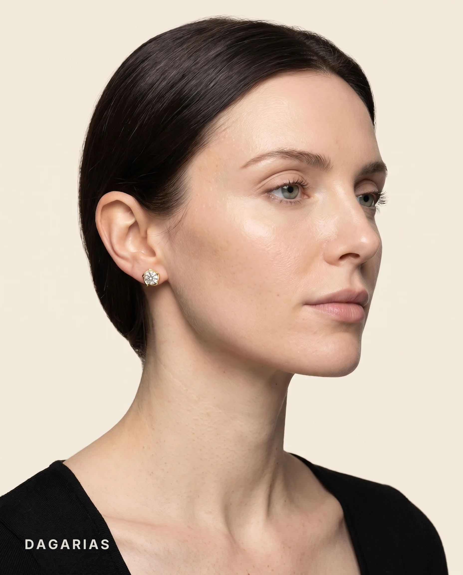 Annabel, Round Studs in a Three Part Bezel in Yellow Gold, round, worn