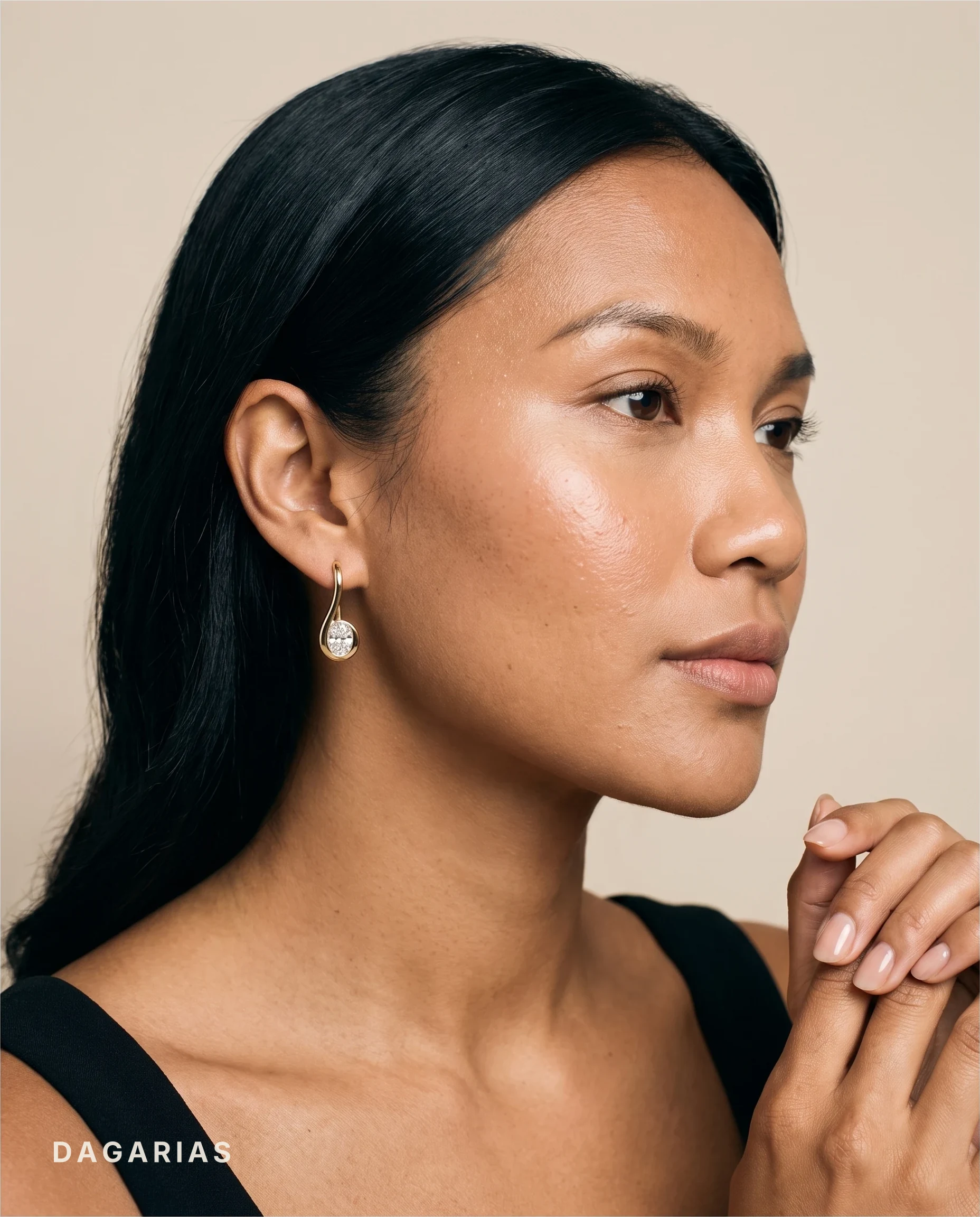 Camille, Oval Bezel Drops on a Hook in Yellow Gold, oval, worn