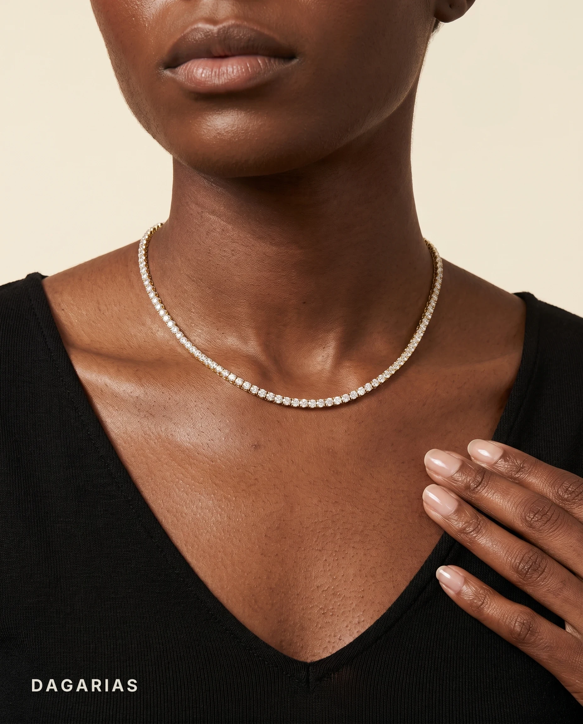 Adelina, Riviera Tennis Necklace in Yellow Gold, round, worn