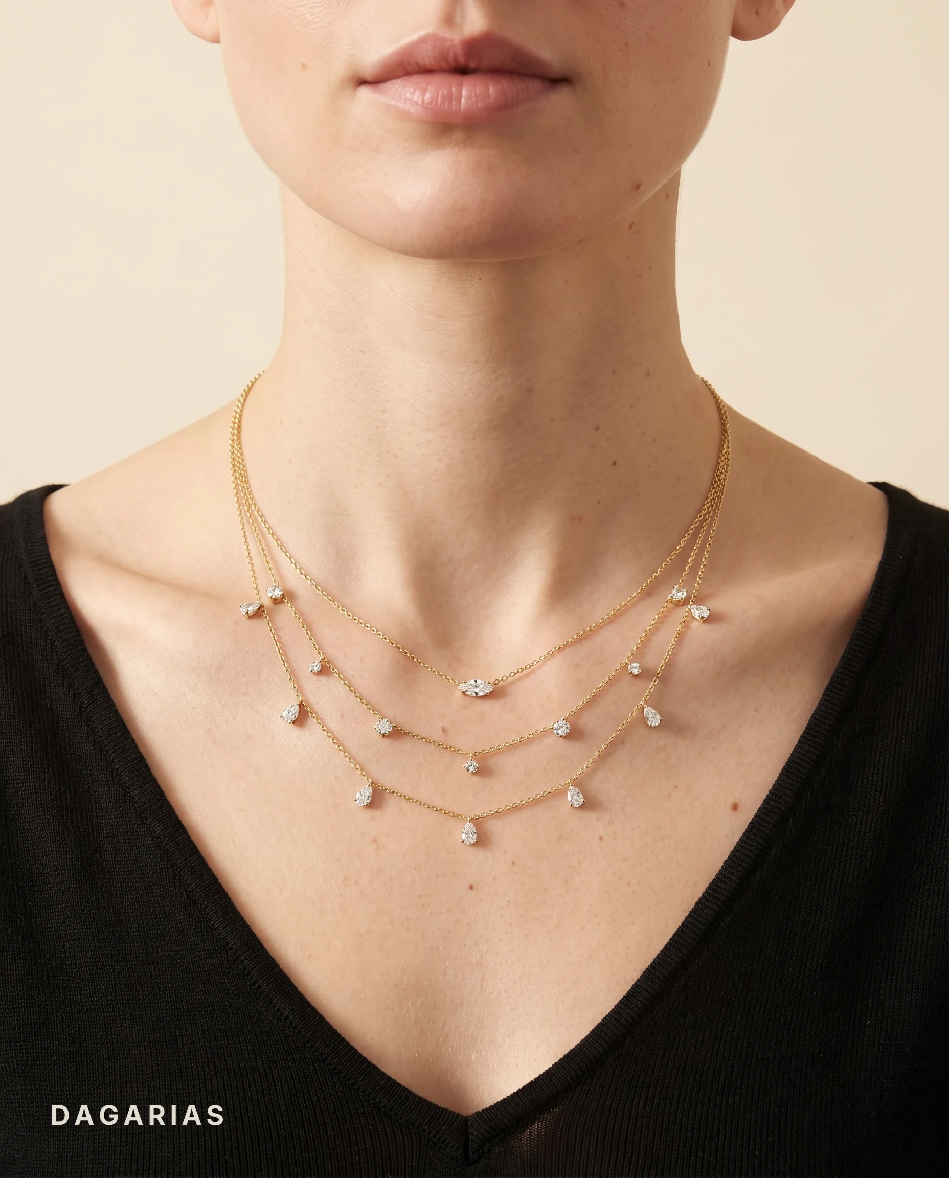 Estelle, Three Layer Mixed Shape Drop Necklace in Yellow Gold, mixed, worn