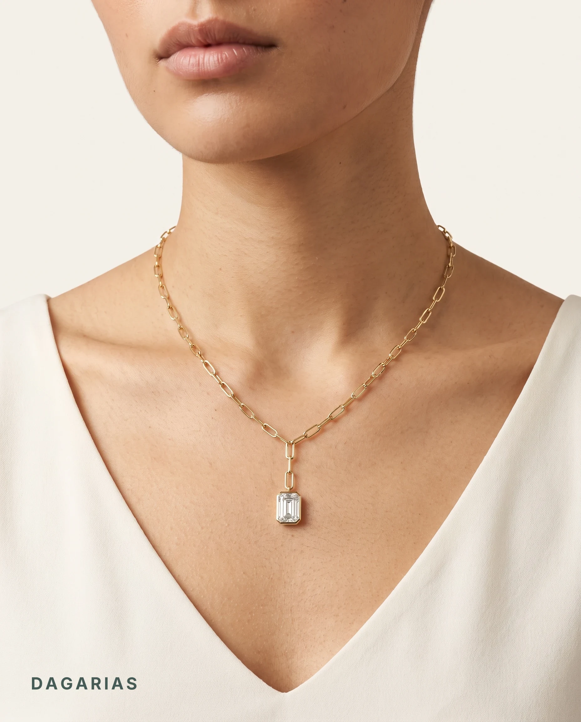 Florence, Paperclip Chain with Emerald Cut Drop in Yellow Gold, emerald, worn