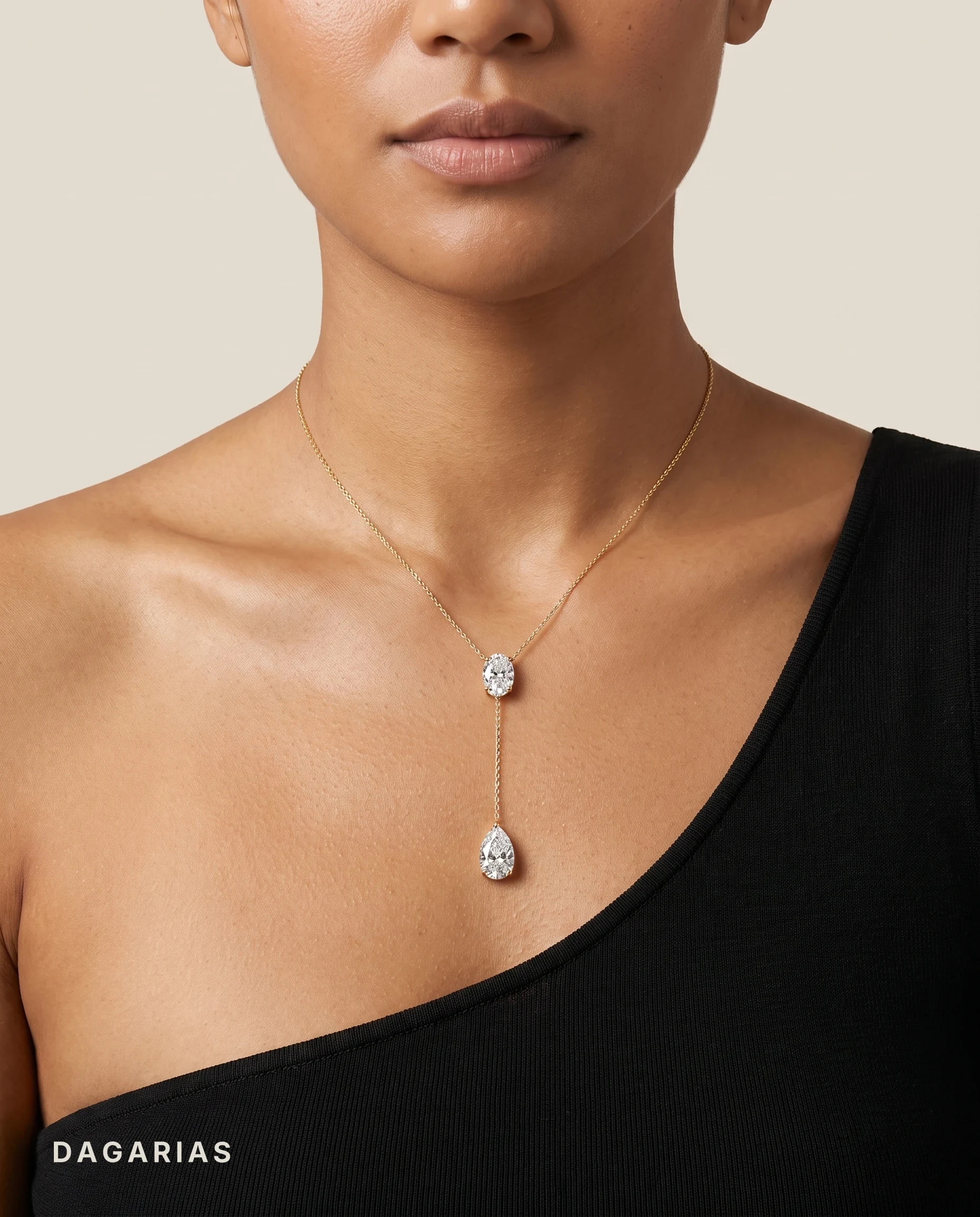Helena, Lariat Necklace with Oval and Pear in Yellow Gold, pear, worn