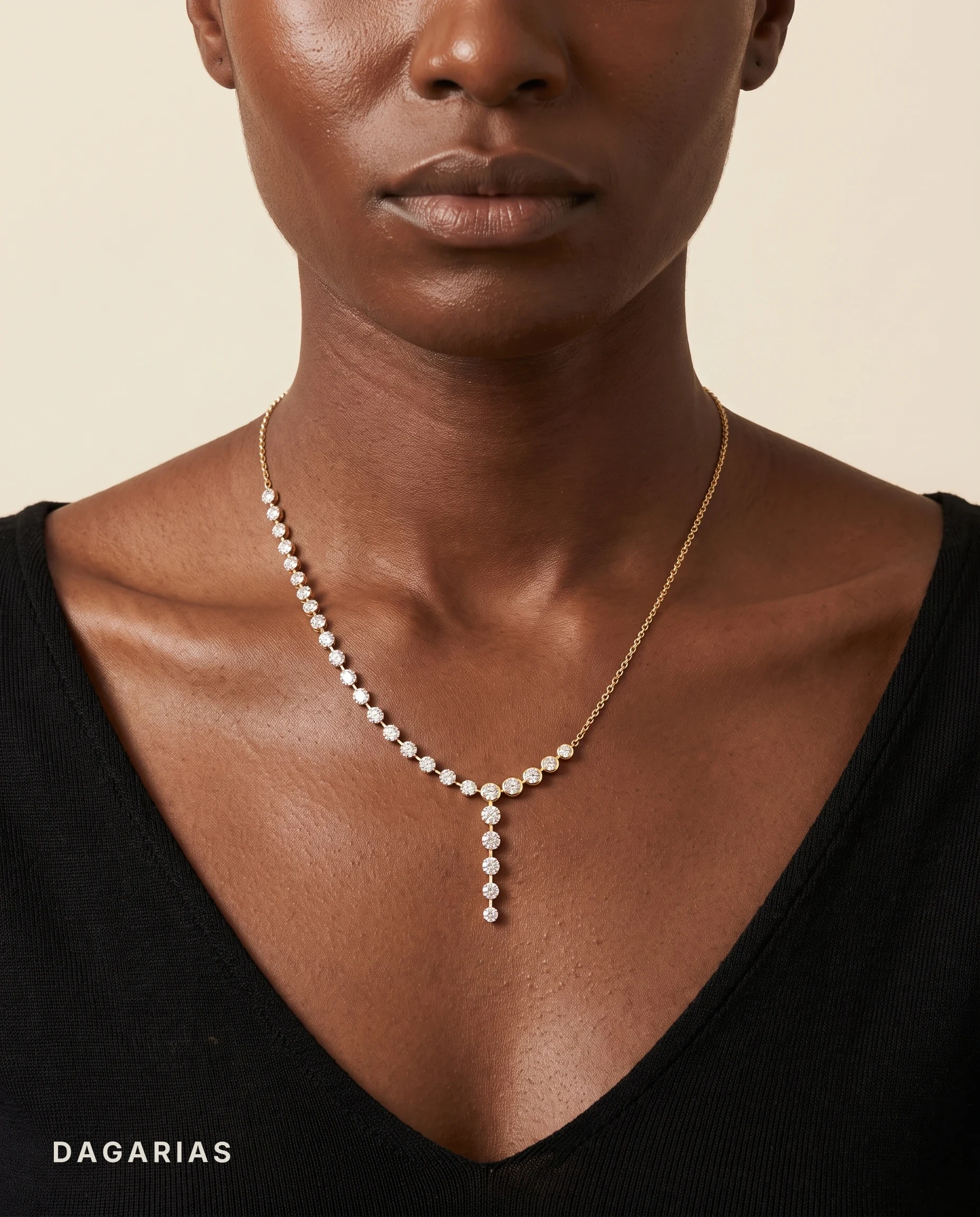 Imogen, Half Tennis Necklace with Round Drop in Yellow Gold, round, worn